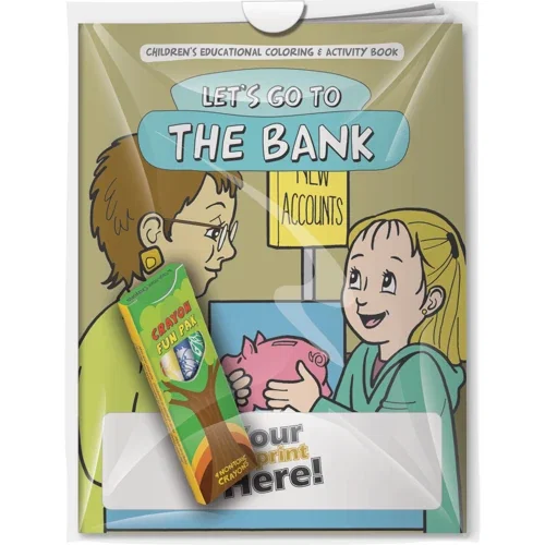 Let's Go to the Bank coloring book cover with imprinted 4-pack crayons combo, hero view
