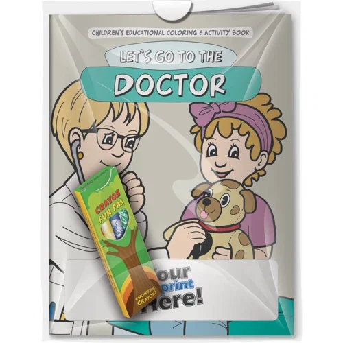 Let's Go to the Doctor coloring book and crayons combo pack, front cover hero view