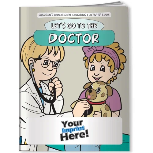Let's Go to the Doctor coloring book interior page with doctor-visit line-art to color