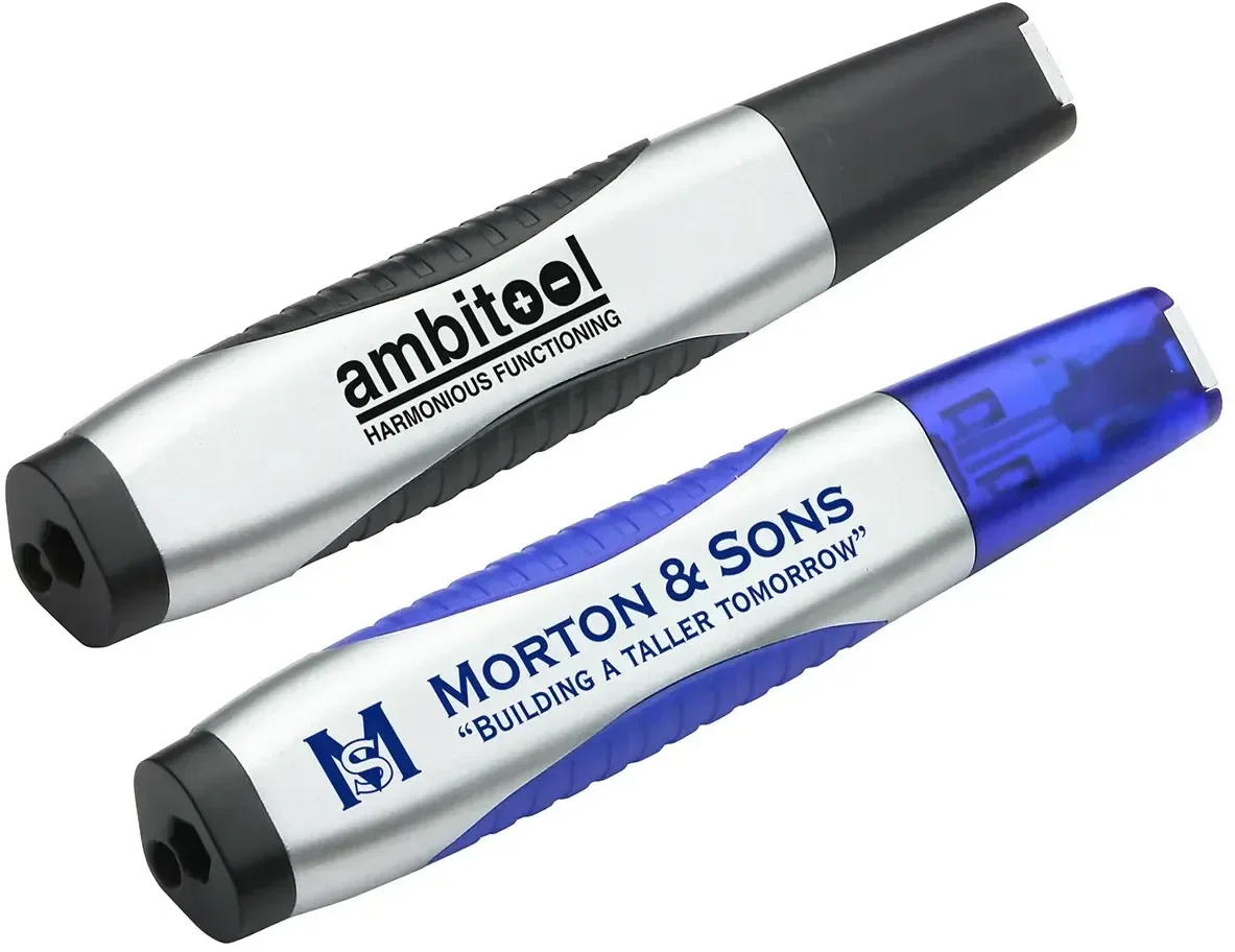 Level Light LED screwdriver pen, branded custom multi-tool pen with clip, front view