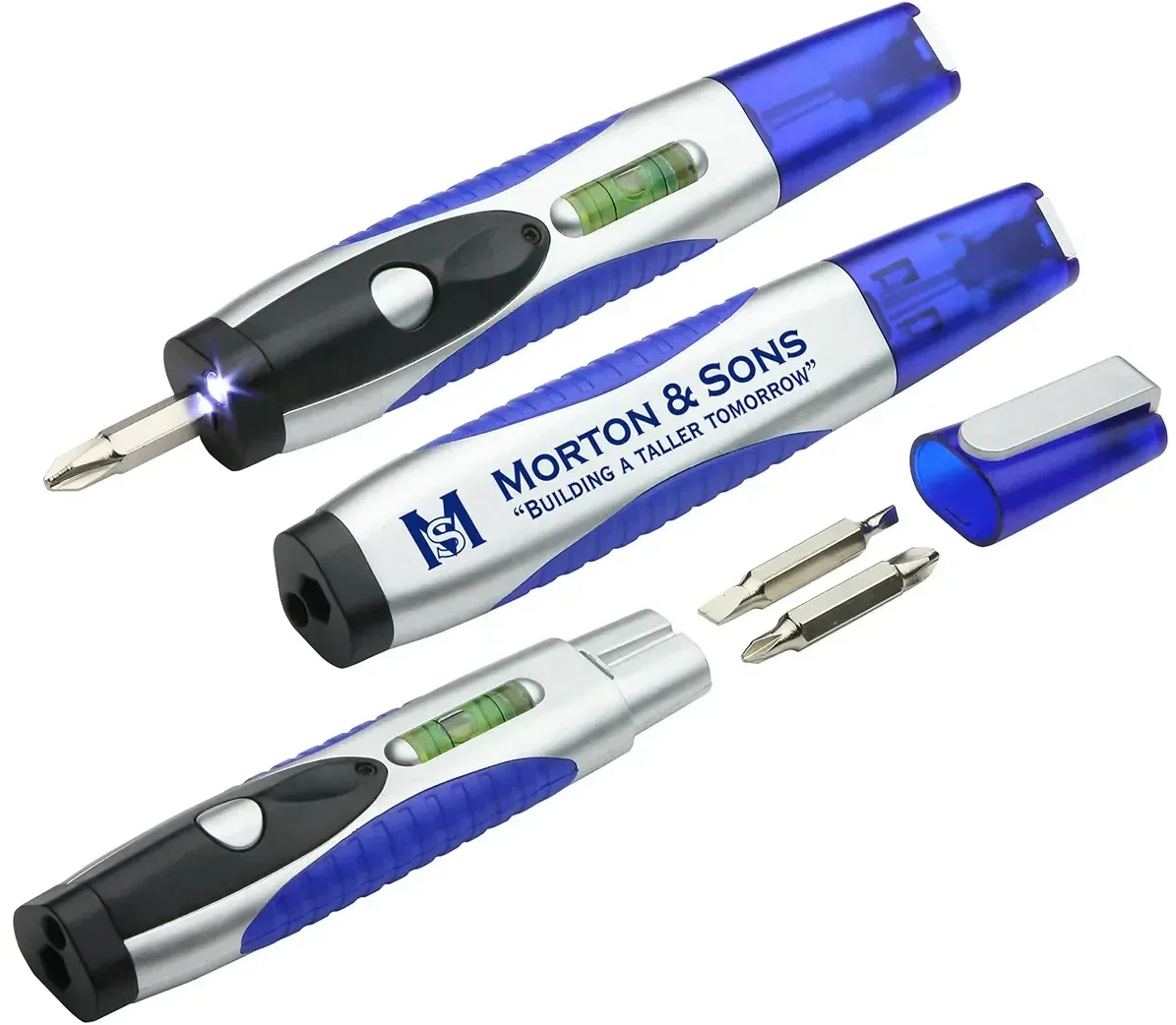 Custom Level Light pen showing built-in LED tip and screwdriver in use