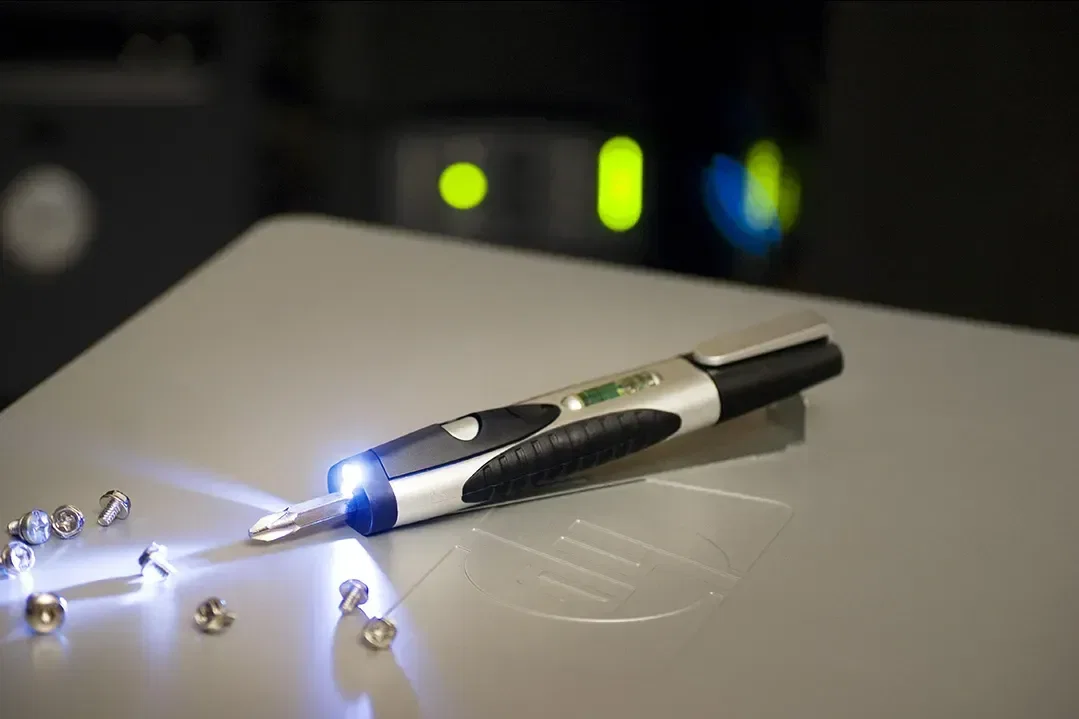 Close-up of branded barrel on Level Light LED screwdriver pen