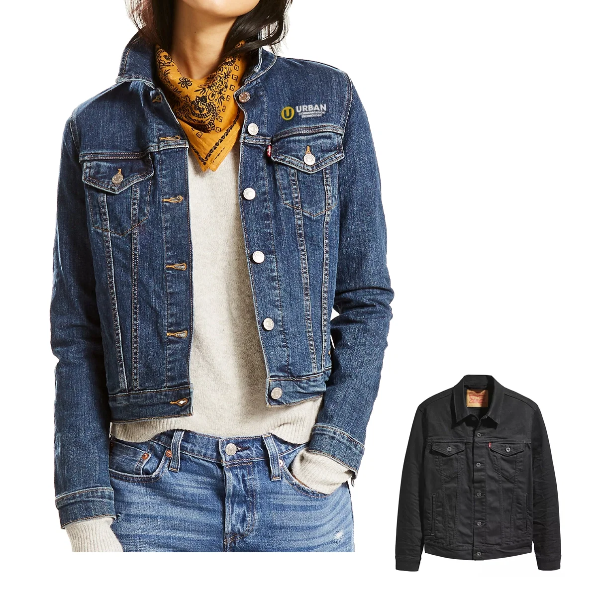 Trucker jacket shown front on with the button placket closed