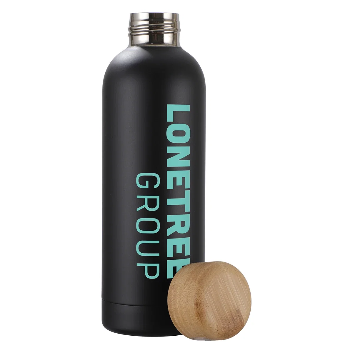 Close-up of the bamboo lid on the custom Lexi Vacuum Stainless Steel Bottle