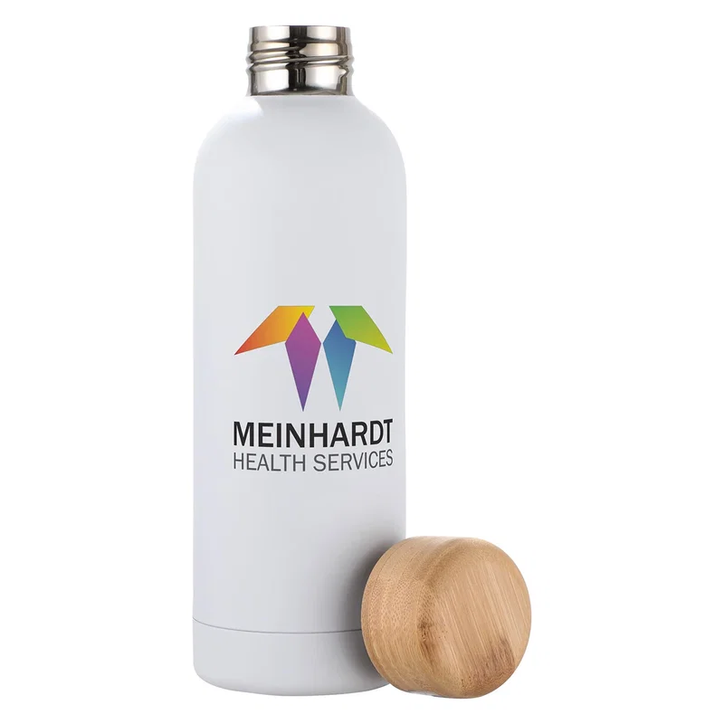 Promotional Lexi Eco-Friendly Stainless Steel Bottle on a desk, branded water bottle lifestyle shot