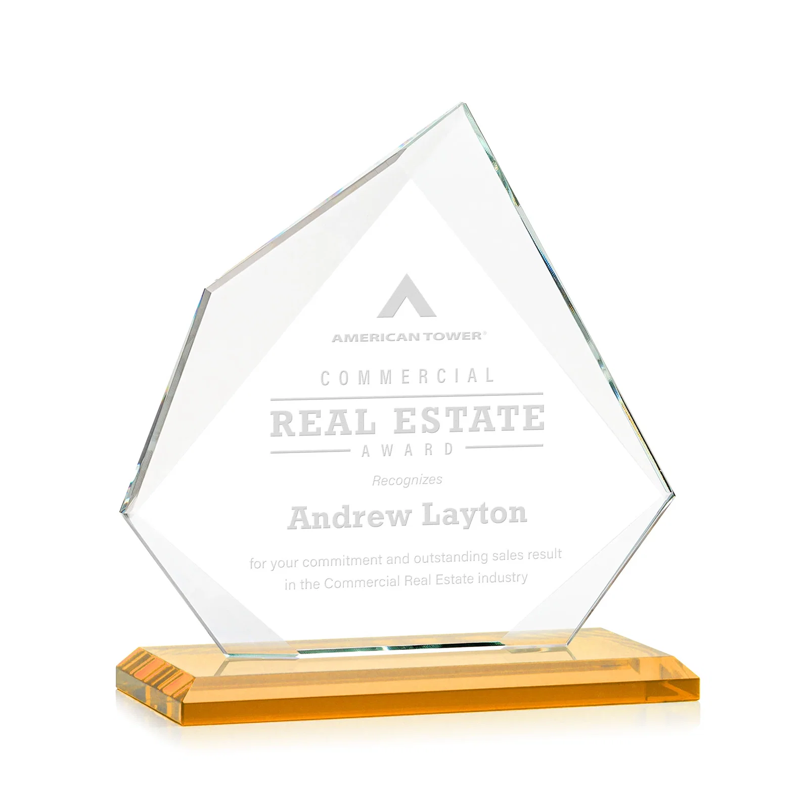Personalized Jade Glass Award on a Mitered Base With Eleven Color Options for employee recognition