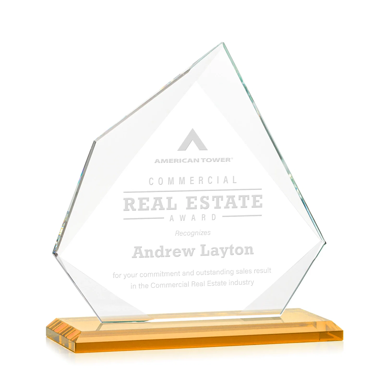 Personalized Jade Glass Award on a Mitered Base With Eleven Color Options for corporate award ceremonies