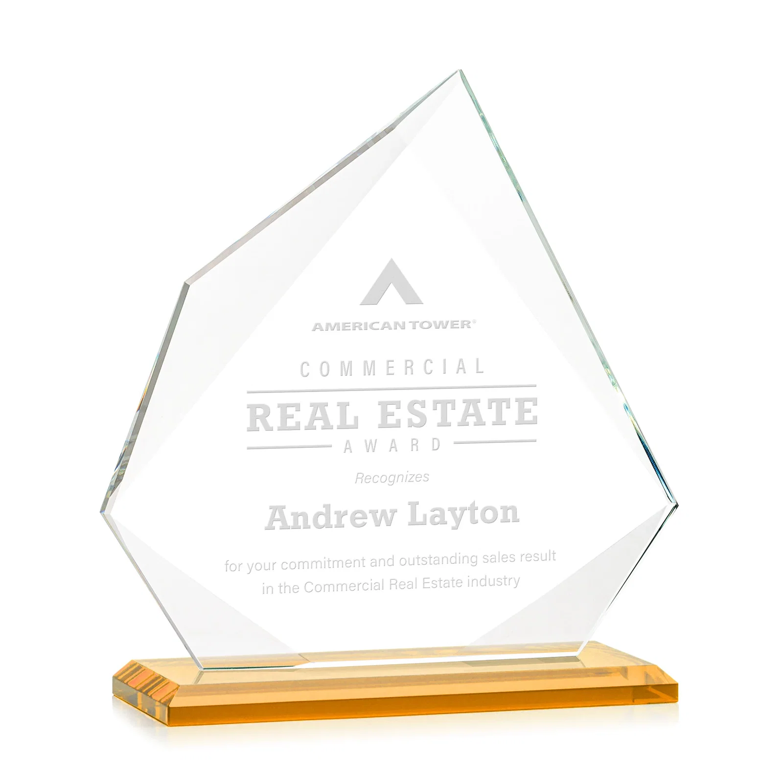 Personalized Jade Glass Award on a Mitered Base With Eleven Color Options for service anniversary gifts