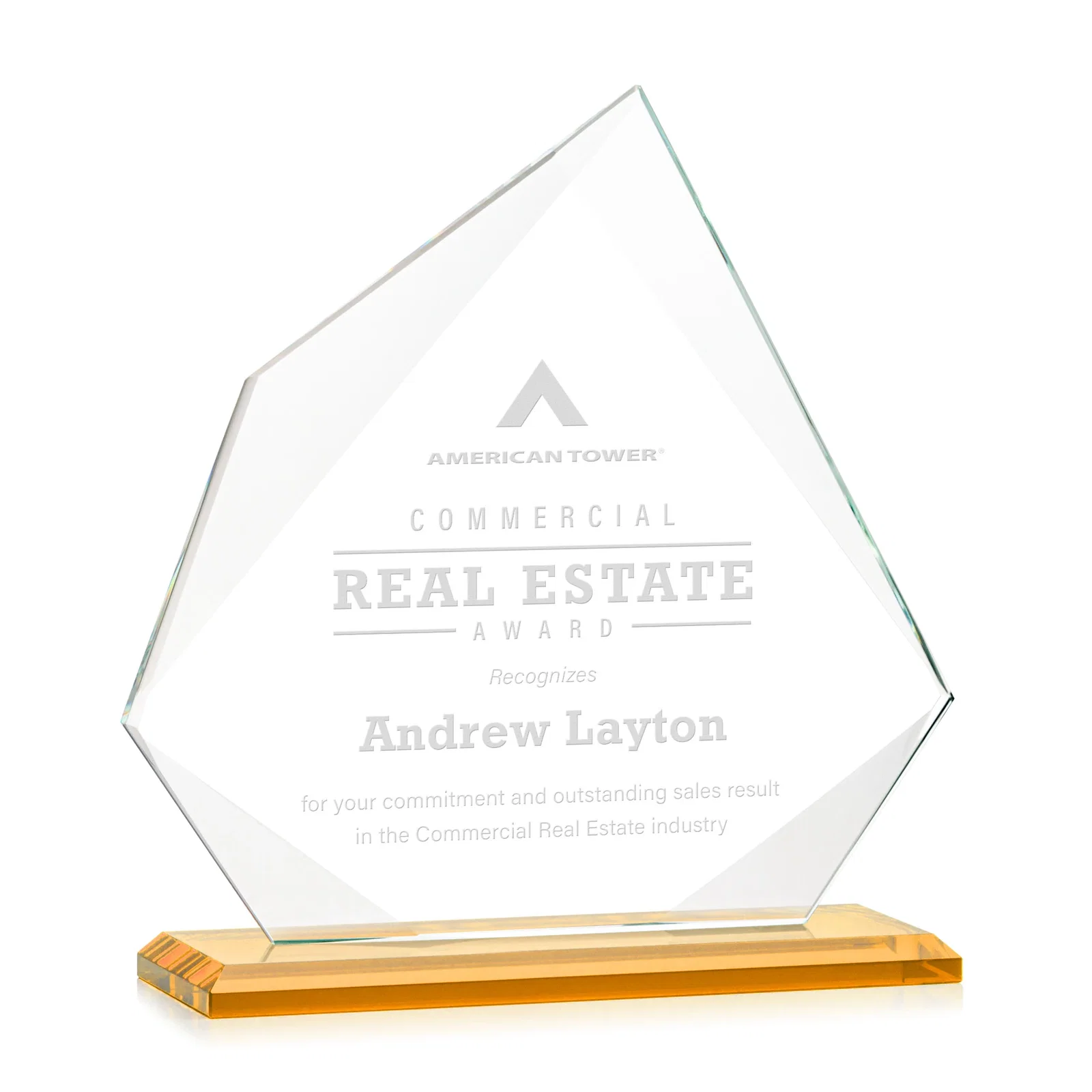 Personalized Jade Glass Award on a Mitered Base With Eleven Color Options for sales achievement awards