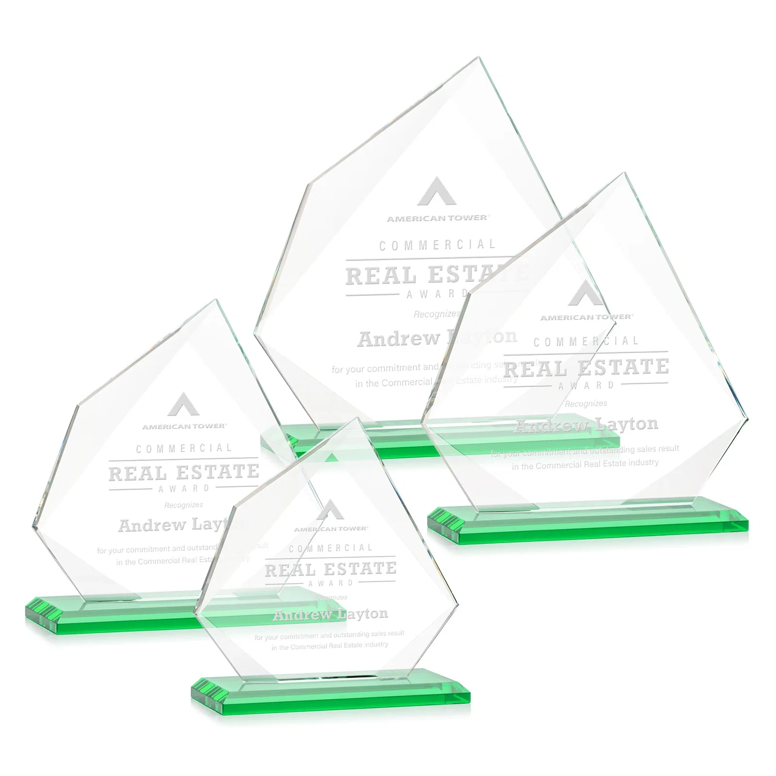Personalized Jade Glass Award on a Mitered Base With Eleven Color Options for retirement presentations