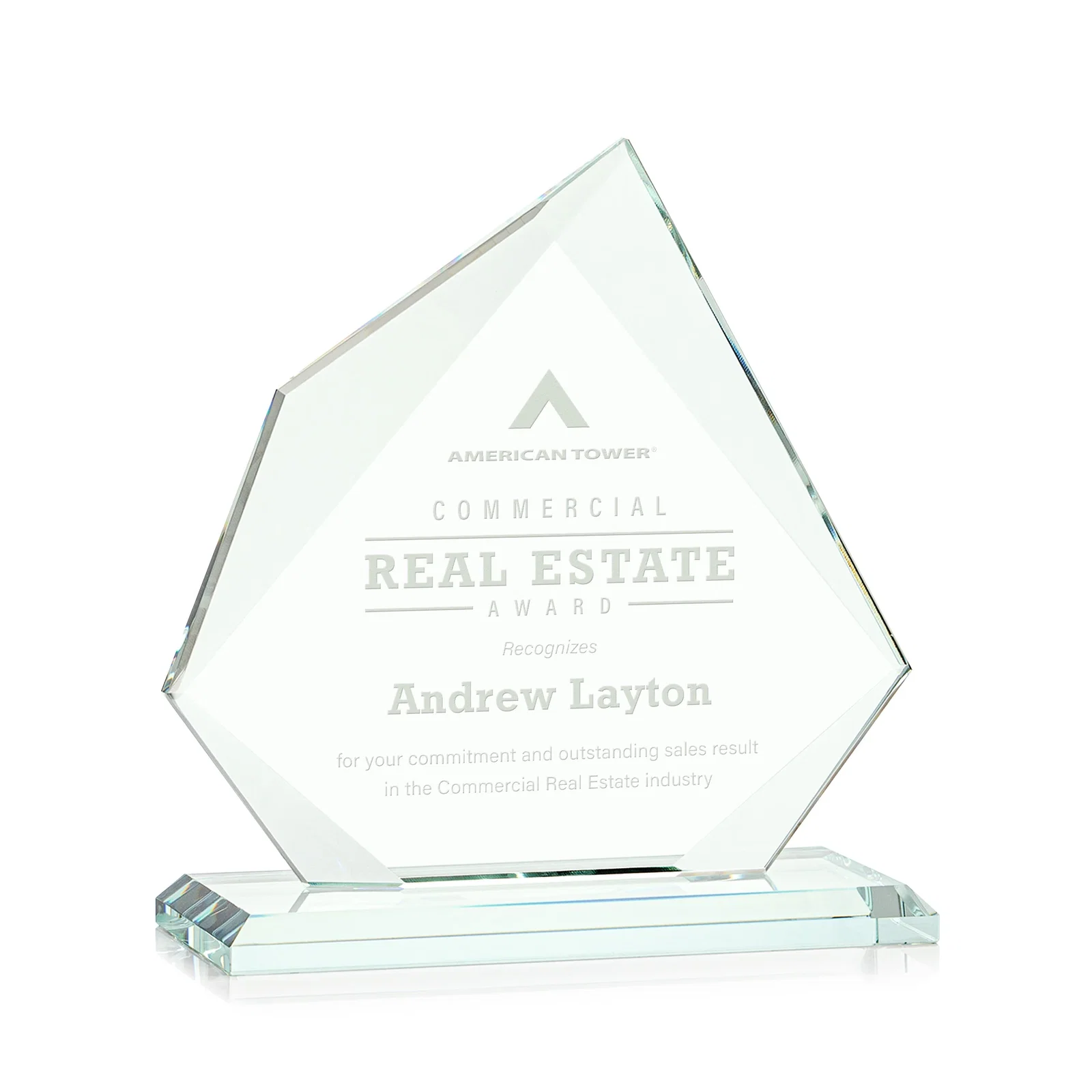 Custom Jade Glass Award on a Mitered Base With Eleven Color Options for corporate award ceremonies