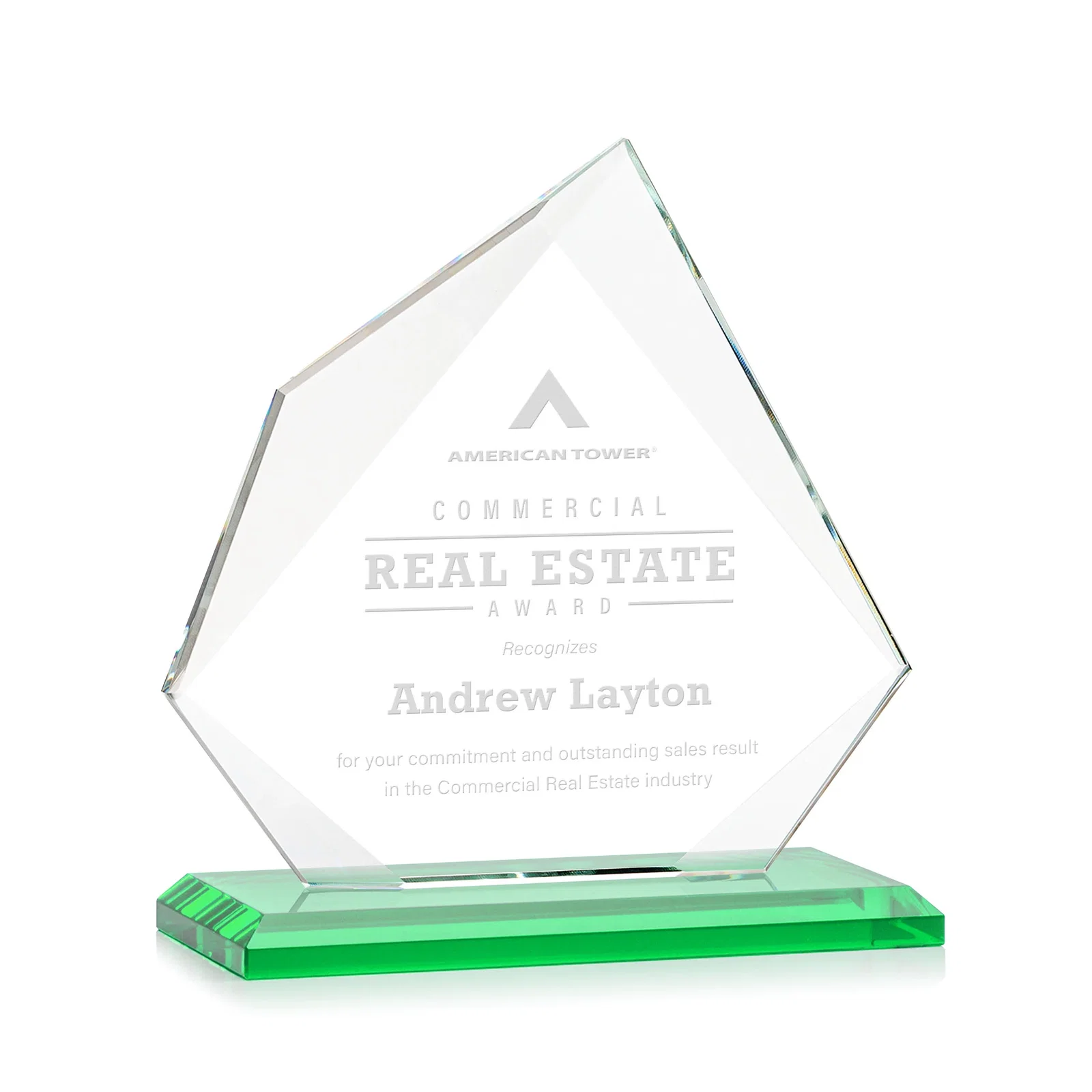 Personalized Jade Glass Award on a Mitered Base With Eleven Color Options for team milestone celebrations