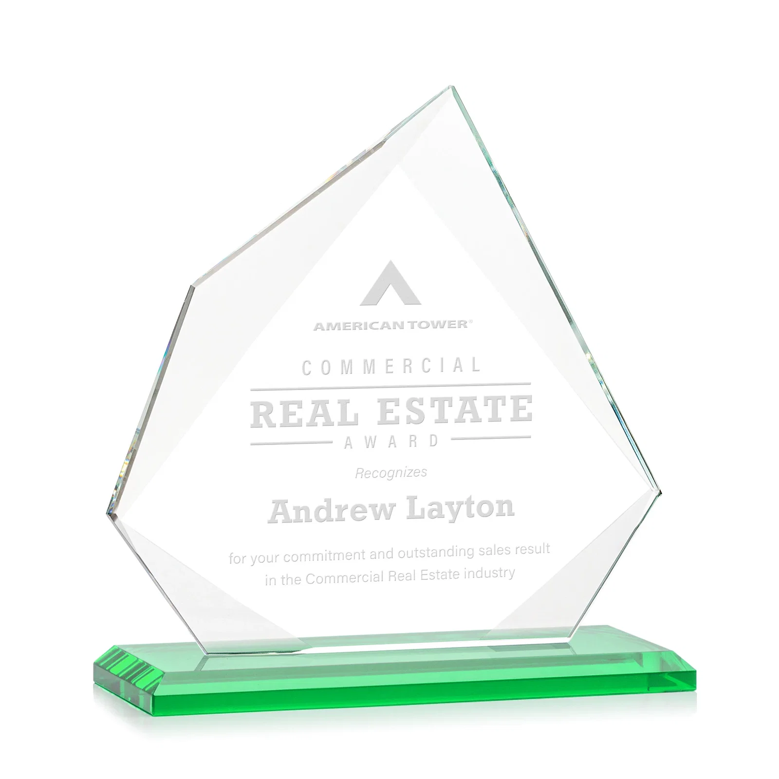 Personalized Jade Glass Award on a Mitered Base With Eleven Color Options for donor appreciation