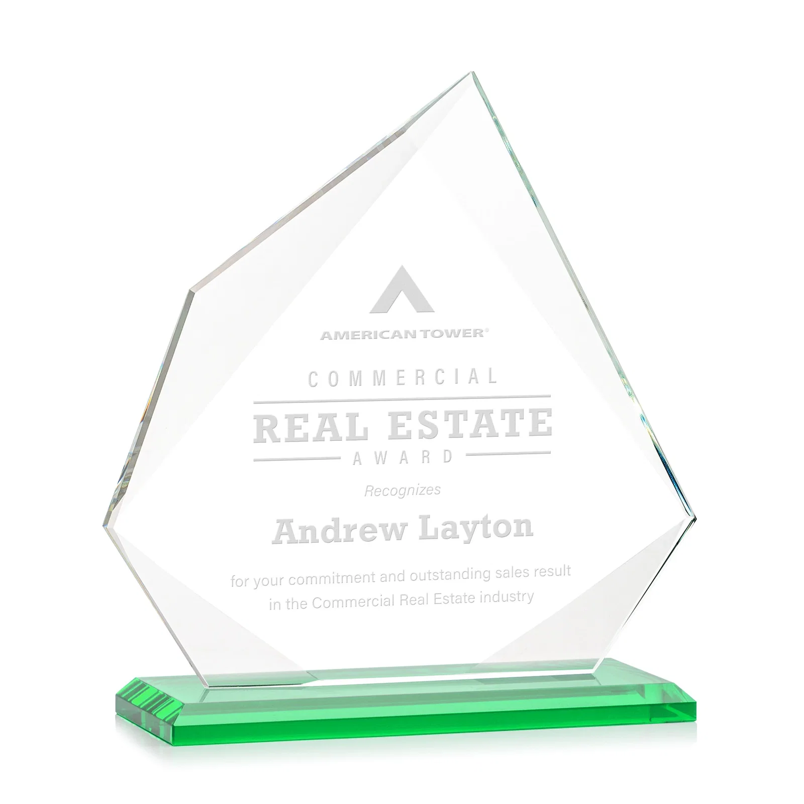 Personalized Jade Glass Award on a Mitered Base With Eleven Color Options for graduation ceremonies