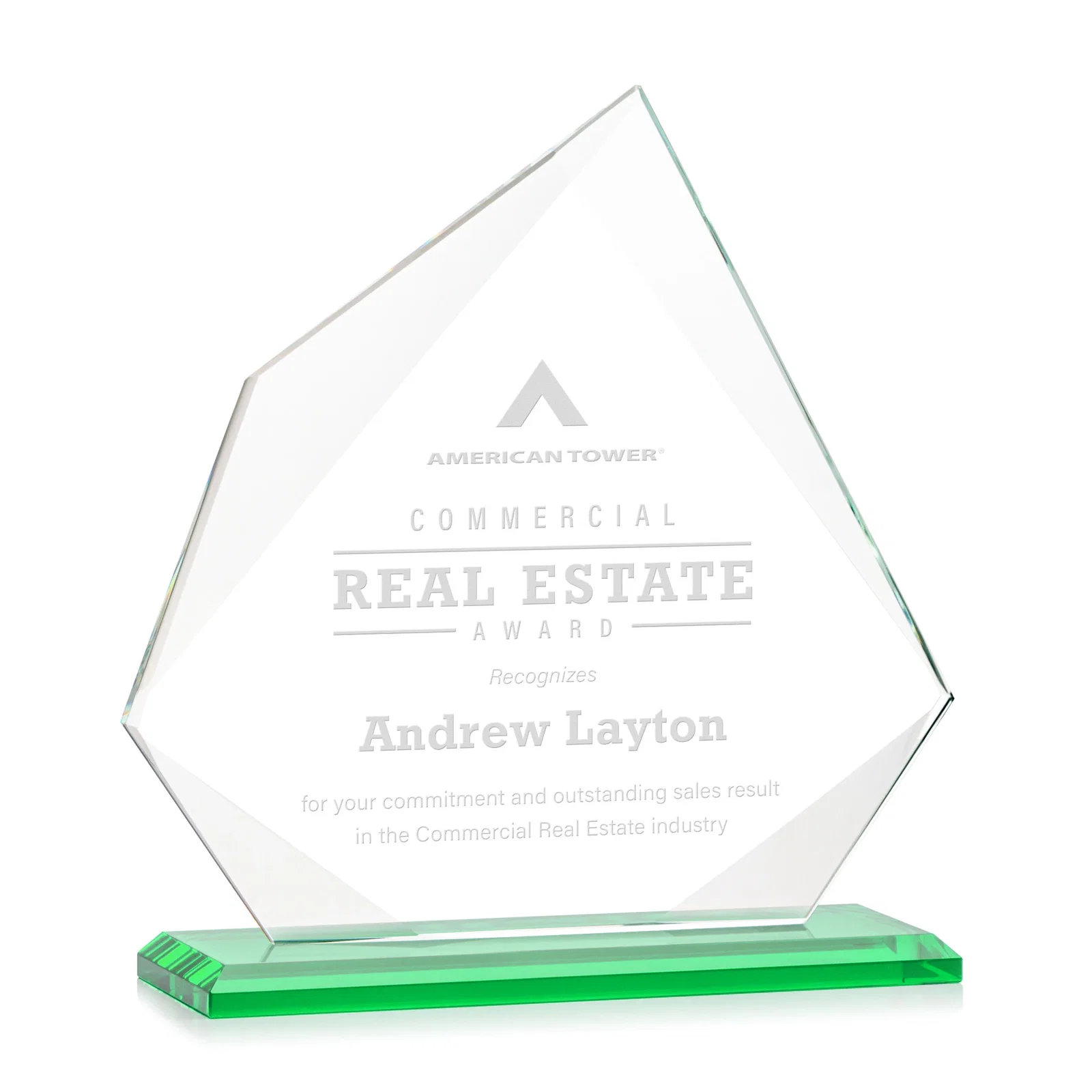 Personalized Jade Glass Award on a Mitered Base With Eleven Color Options for safety achievement programs
