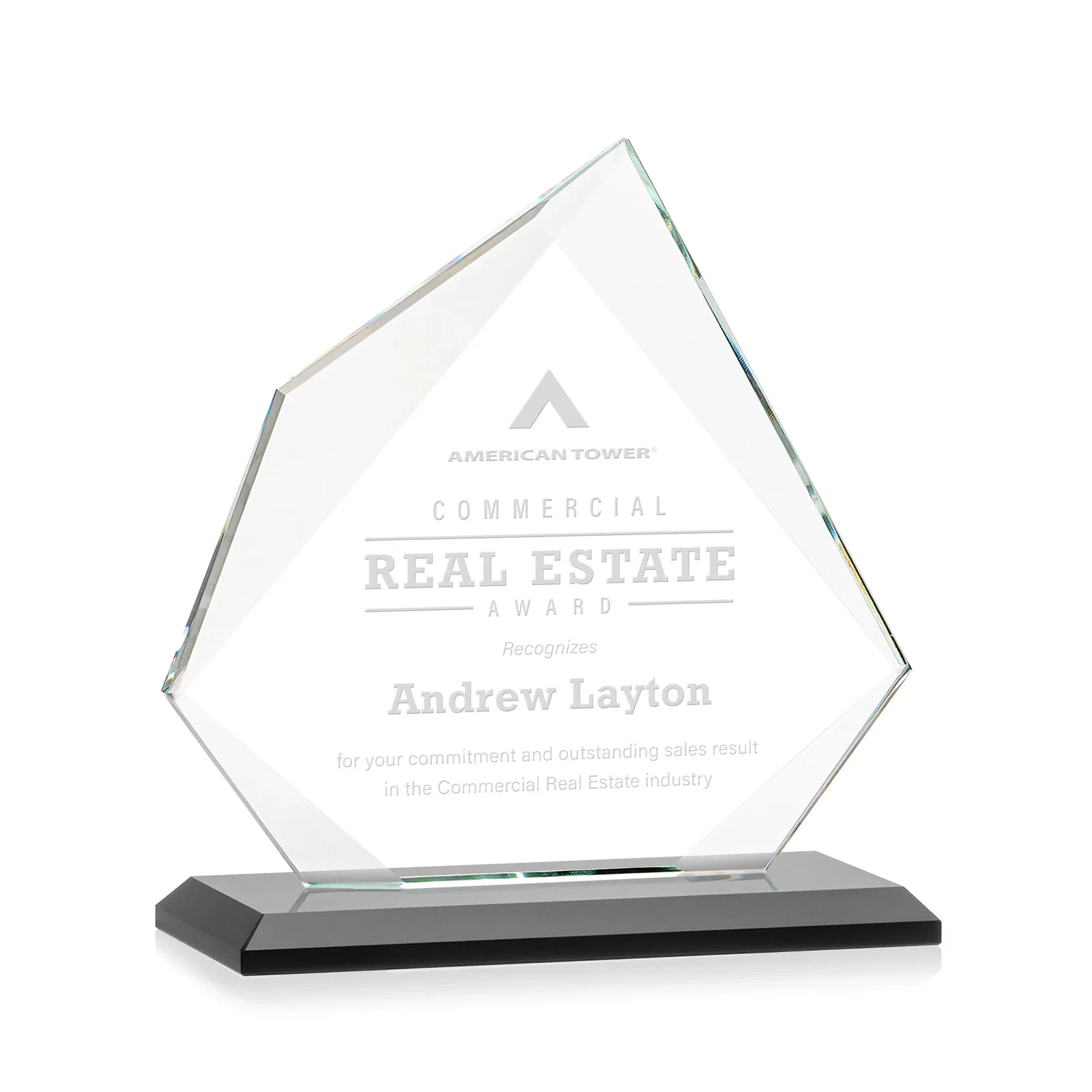 Personalized Jade Glass Award on a Mitered Base With Eleven Color Options for dealer and partner awards