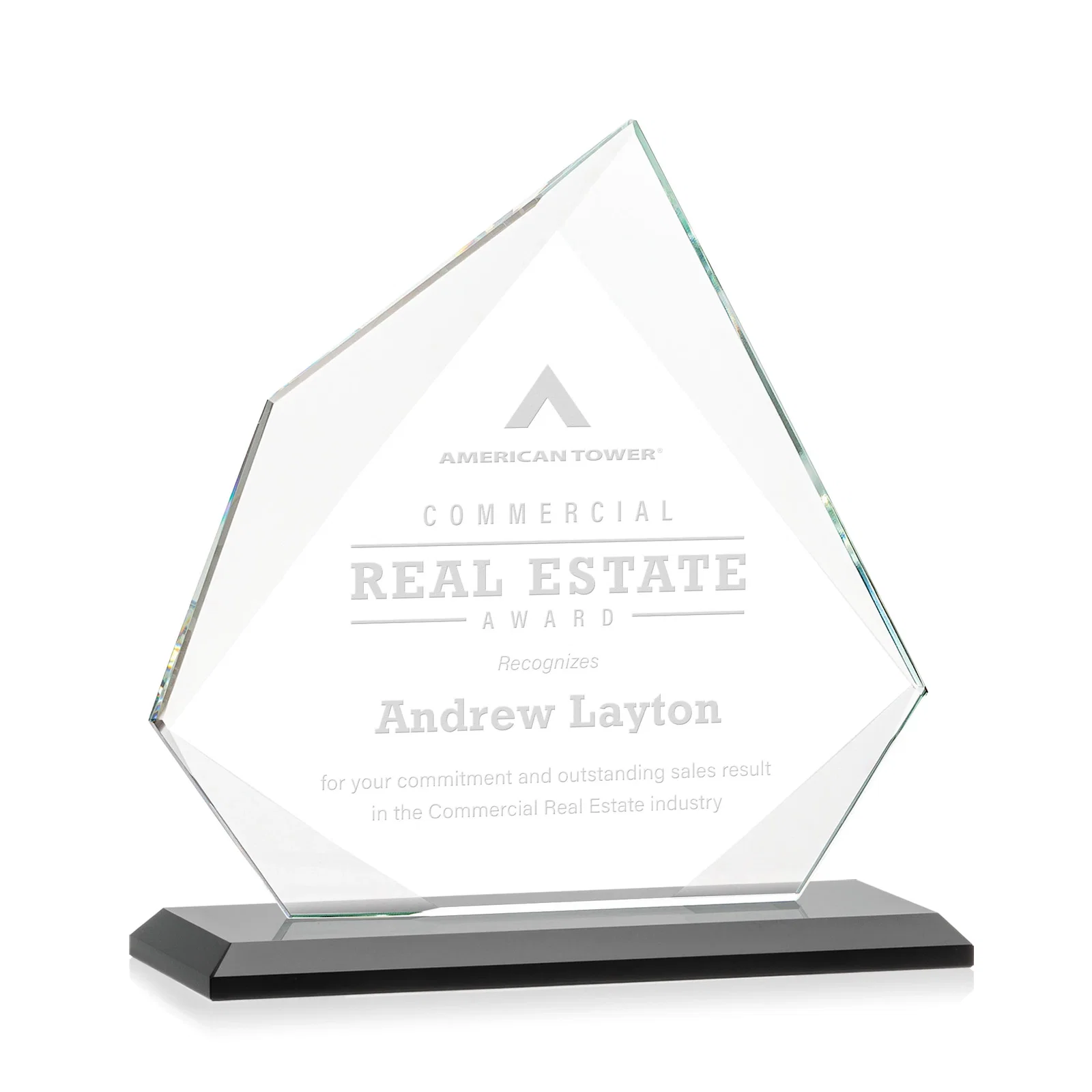 Personalized Jade Glass Award on a Mitered Base With Eleven Color Options for company anniversary events