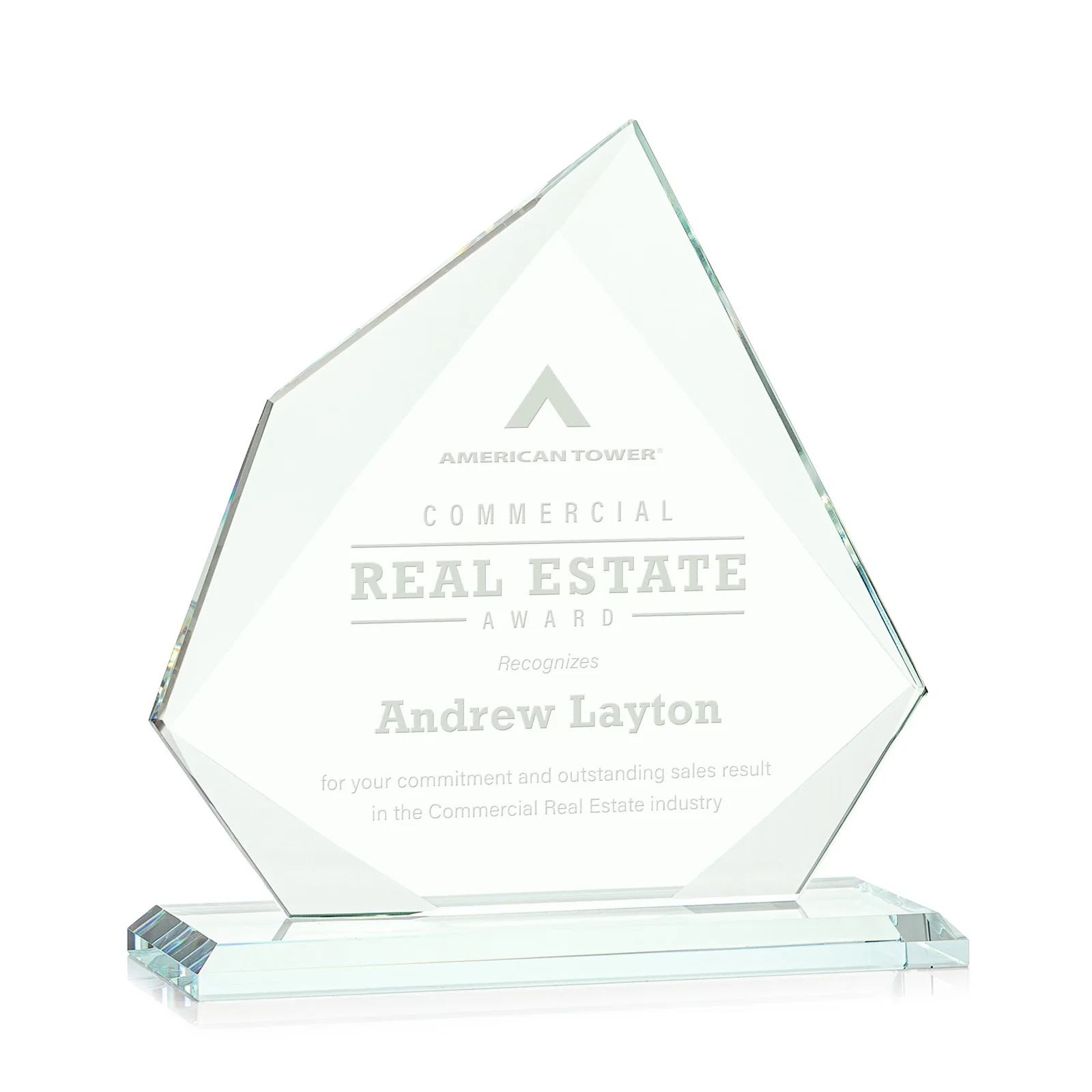 Custom Jade Glass Award on a Mitered Base With Eleven Color Options for service anniversary gifts