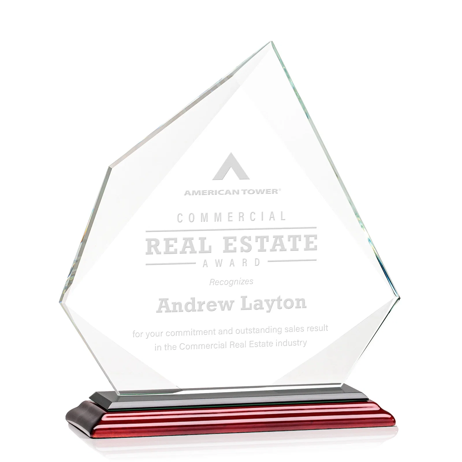Promotional Jade Glass Award on a Mitered Base With Eleven Color Options for dealer and partner awards
