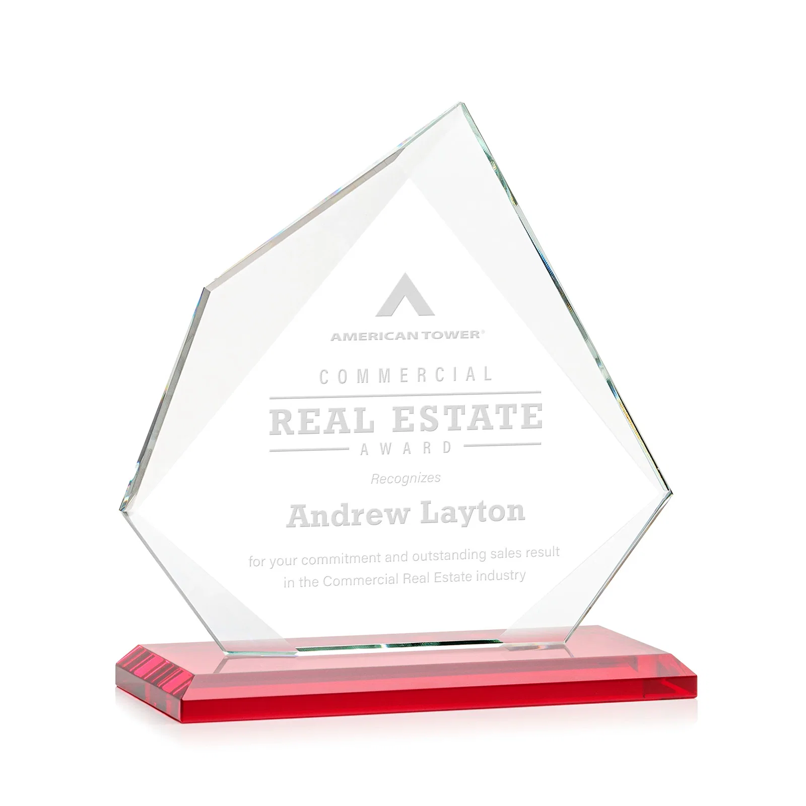 Branded Jade Glass Award on a Mitered Base With Eleven Color Options for corporate award ceremonies