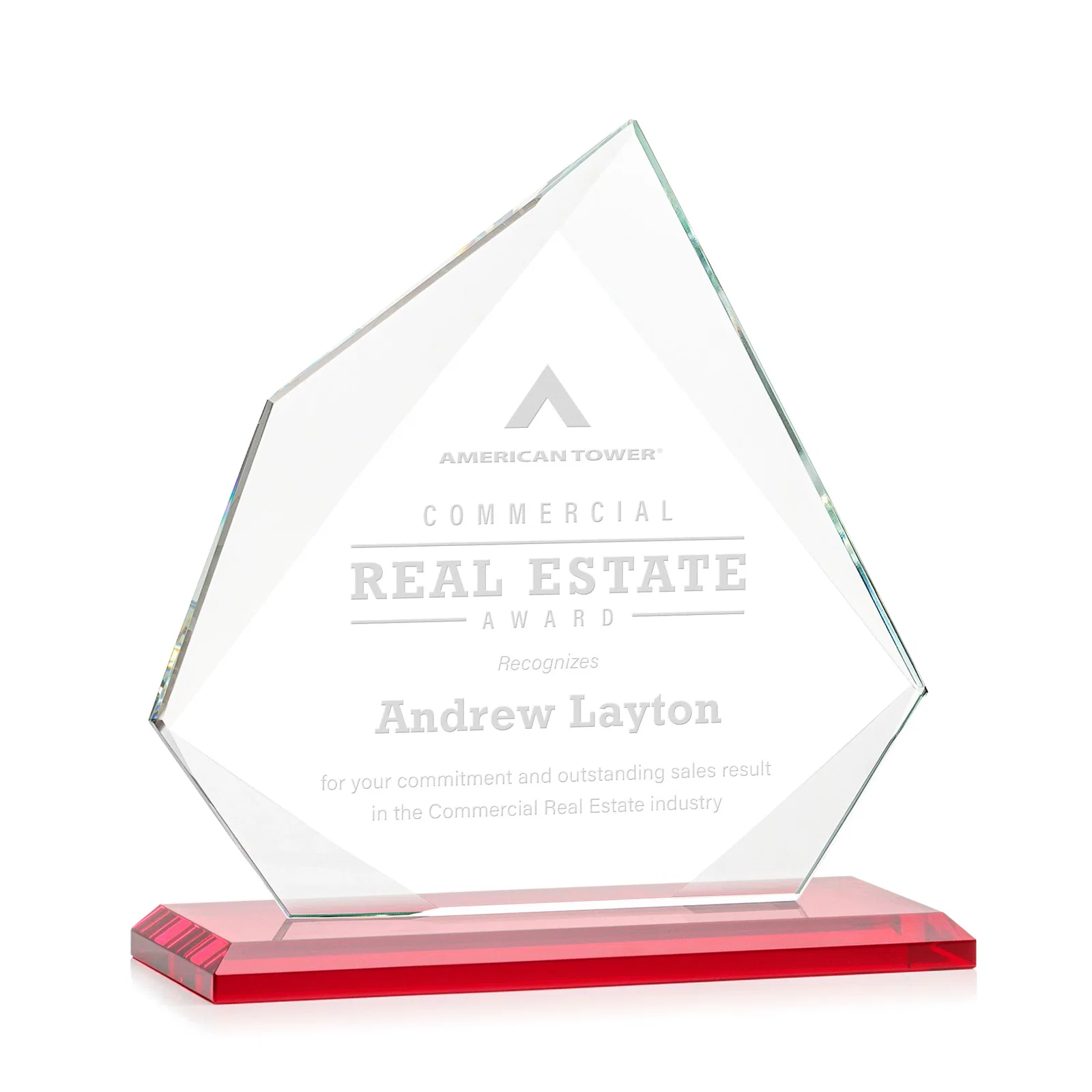 Branded Jade Glass Award on a Mitered Base With Eleven Color Options for service anniversary gifts