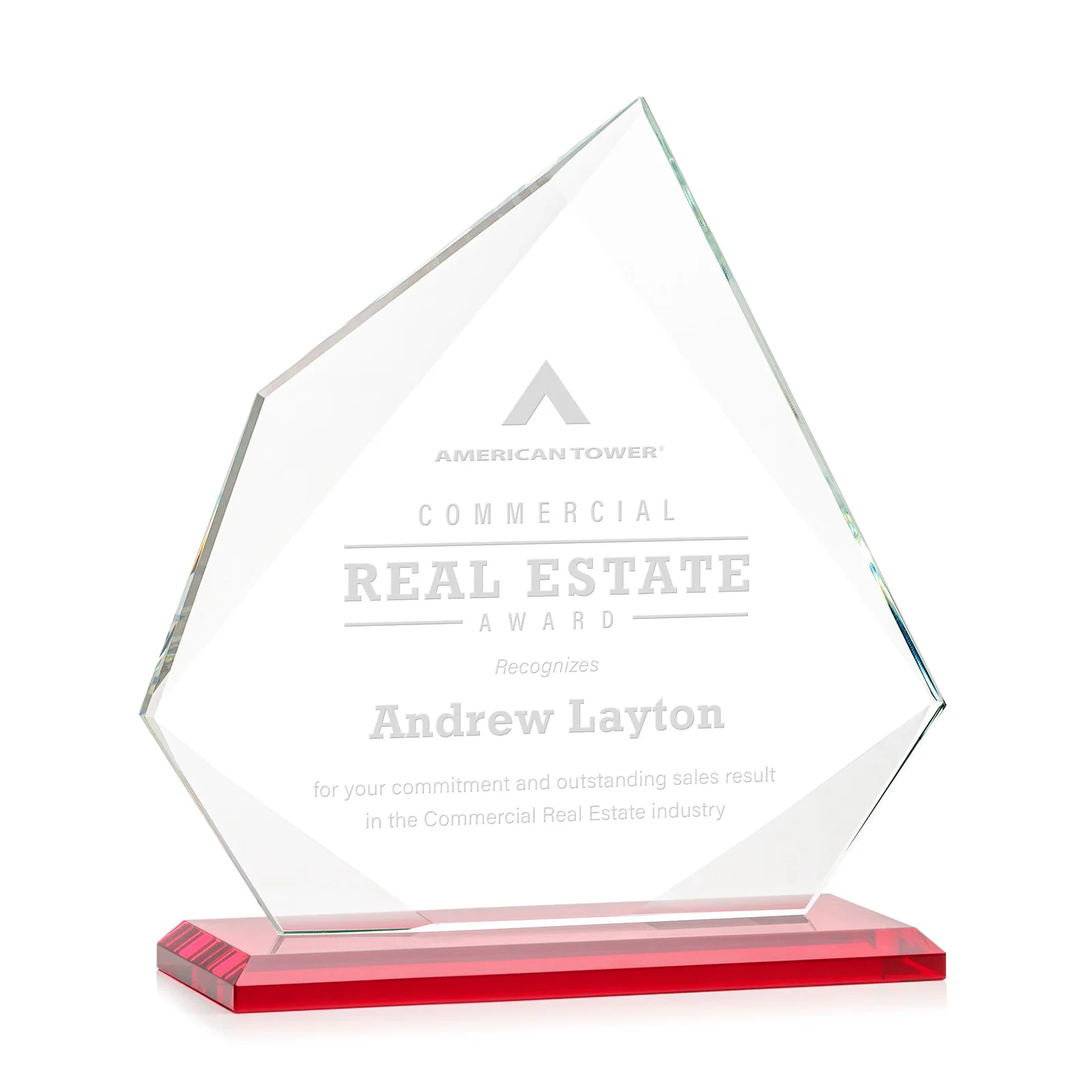 Branded Jade Glass Award on a Mitered Base With Eleven Color Options for sales achievement awards