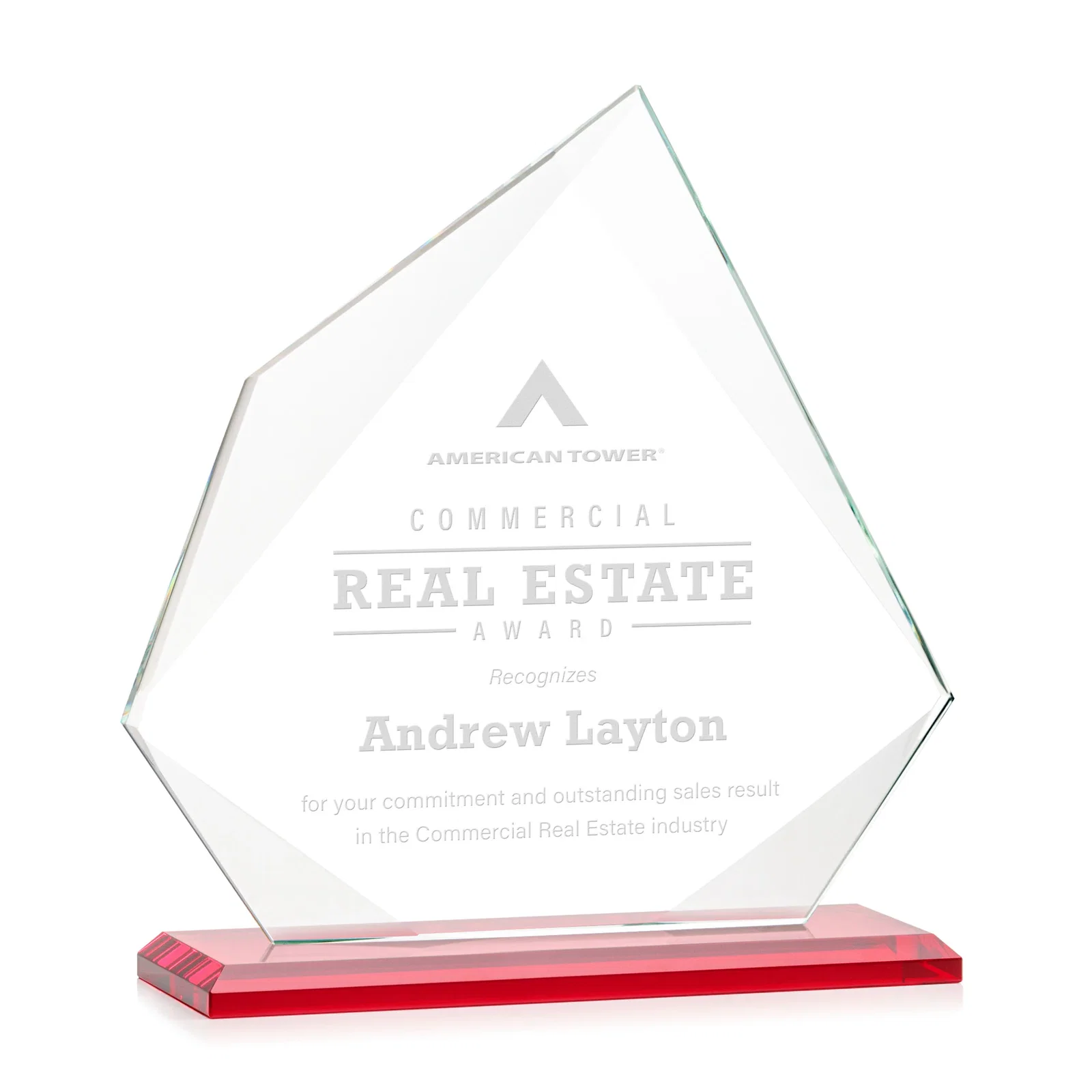 Branded Jade Glass Award on a Mitered Base With Eleven Color Options for retirement presentations