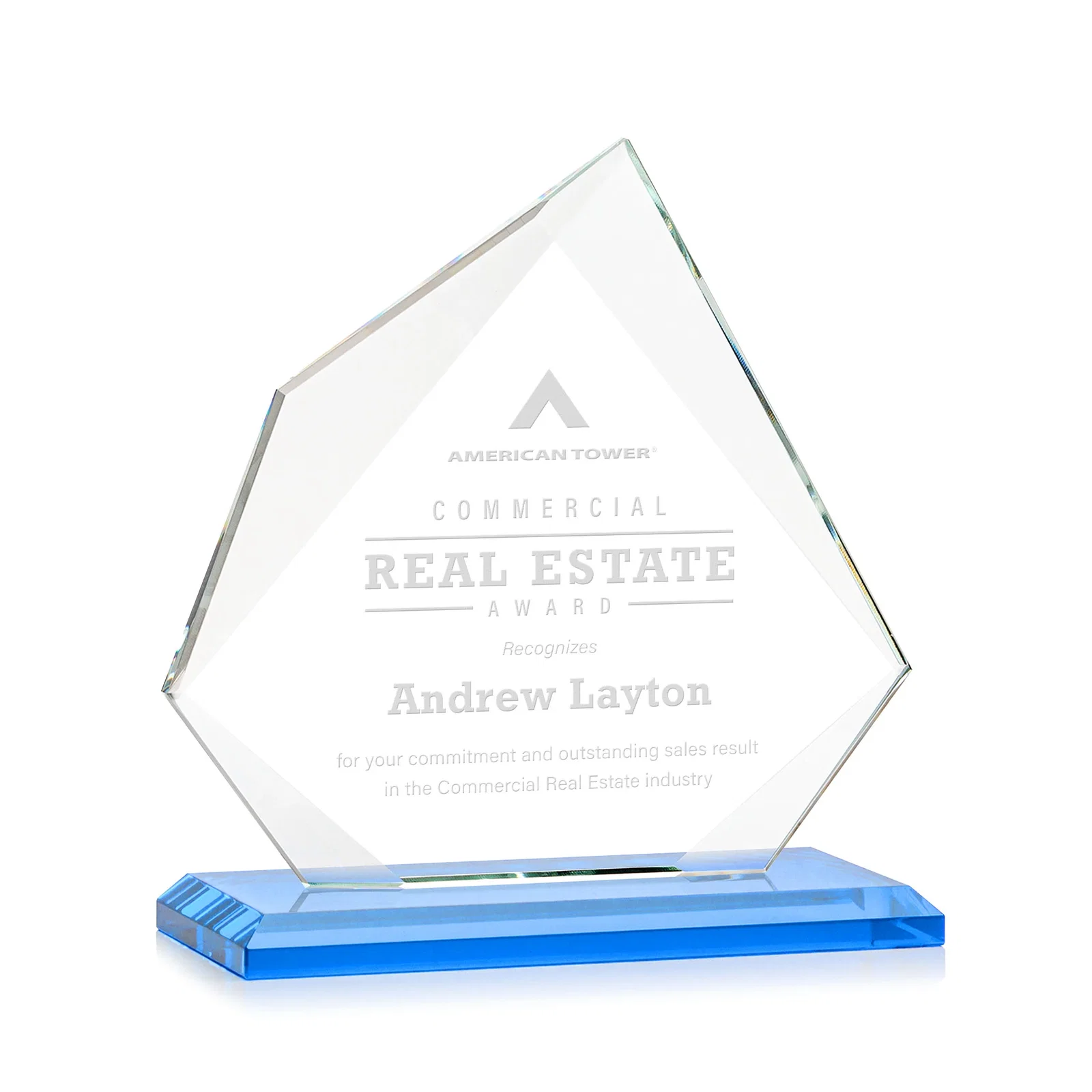 Branded Jade Glass Award on a Mitered Base With Eleven Color Options for donor appreciation