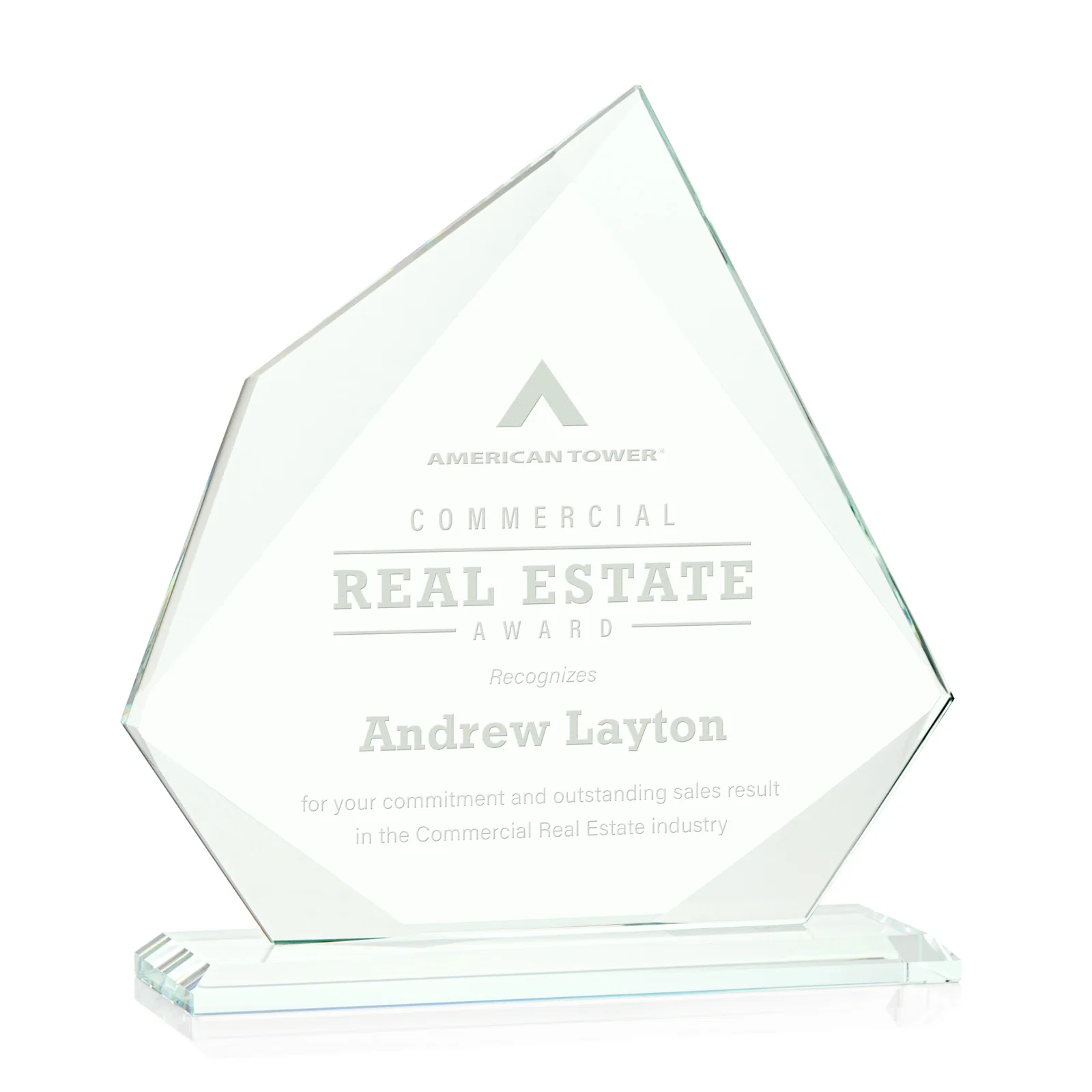 Custom Jade Glass Award on a Mitered Base With Eleven Color Options for retirement presentations