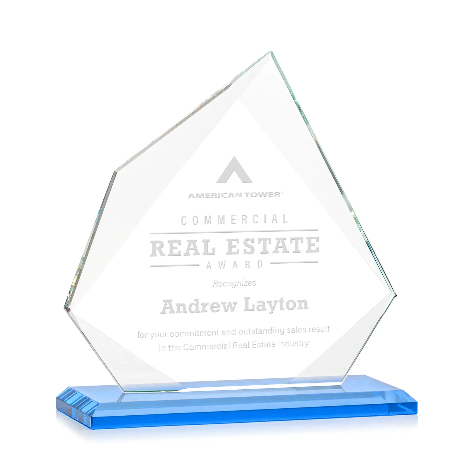 Branded Jade Glass Award on a Mitered Base With Eleven Color Options for graduation ceremonies