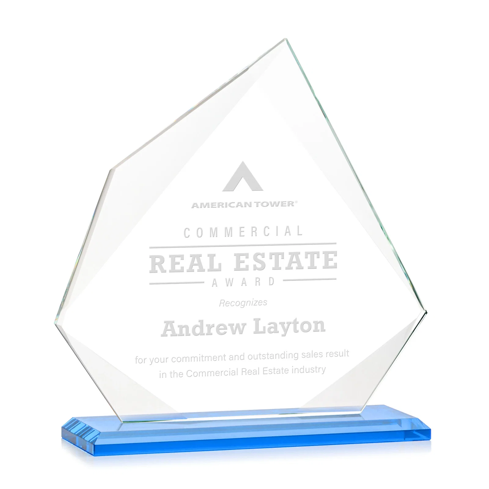Branded Jade Glass Award on a Mitered Base With Eleven Color Options for volunteer appreciation