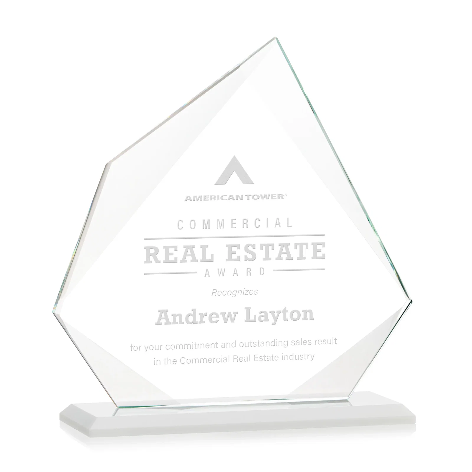 Custom printed Jade Glass Award on a Mitered Base With Eleven Color Options for corporate award ceremonies