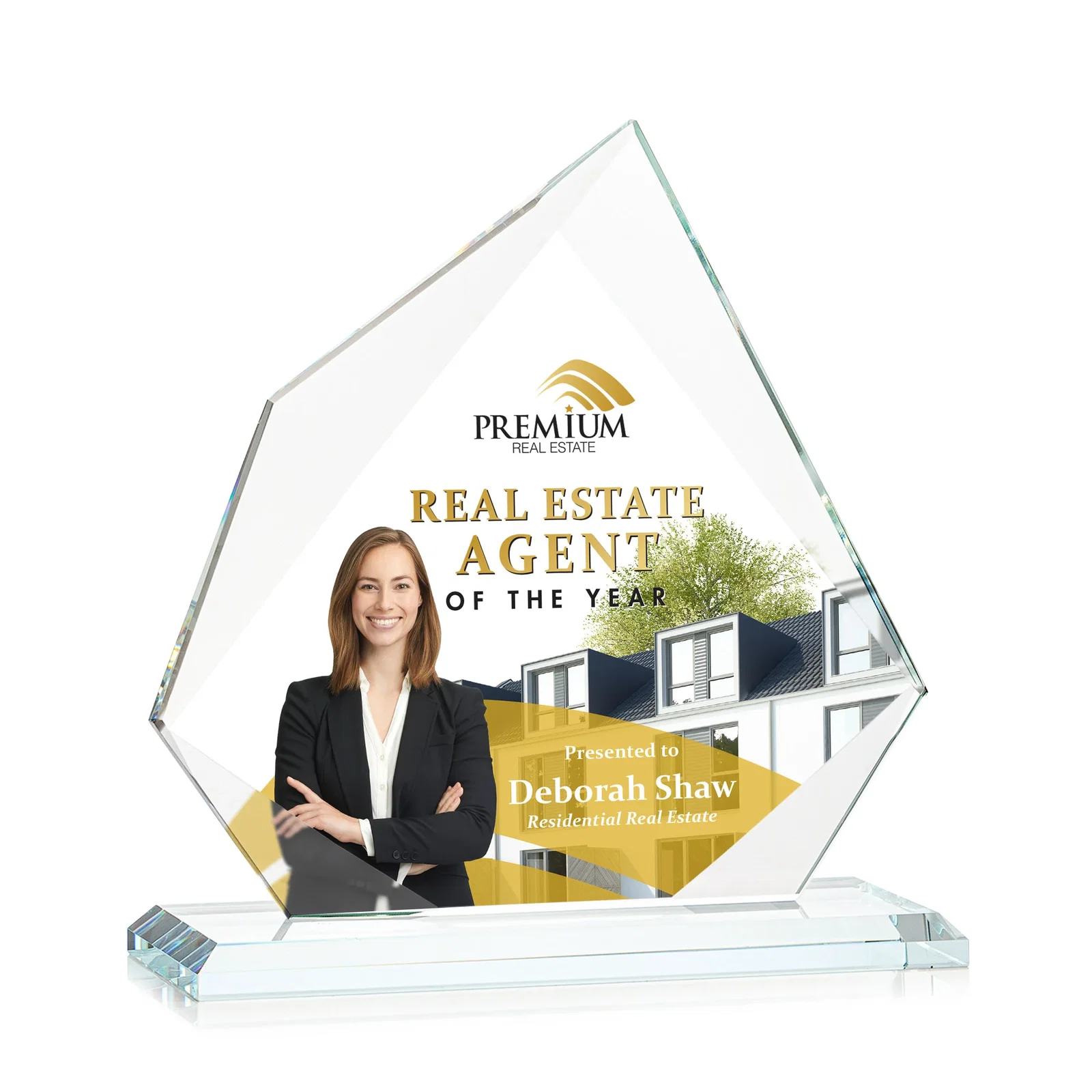 Custom printed Jade Glass Award on a Mitered Base With Eleven Color Options for retirement presentations