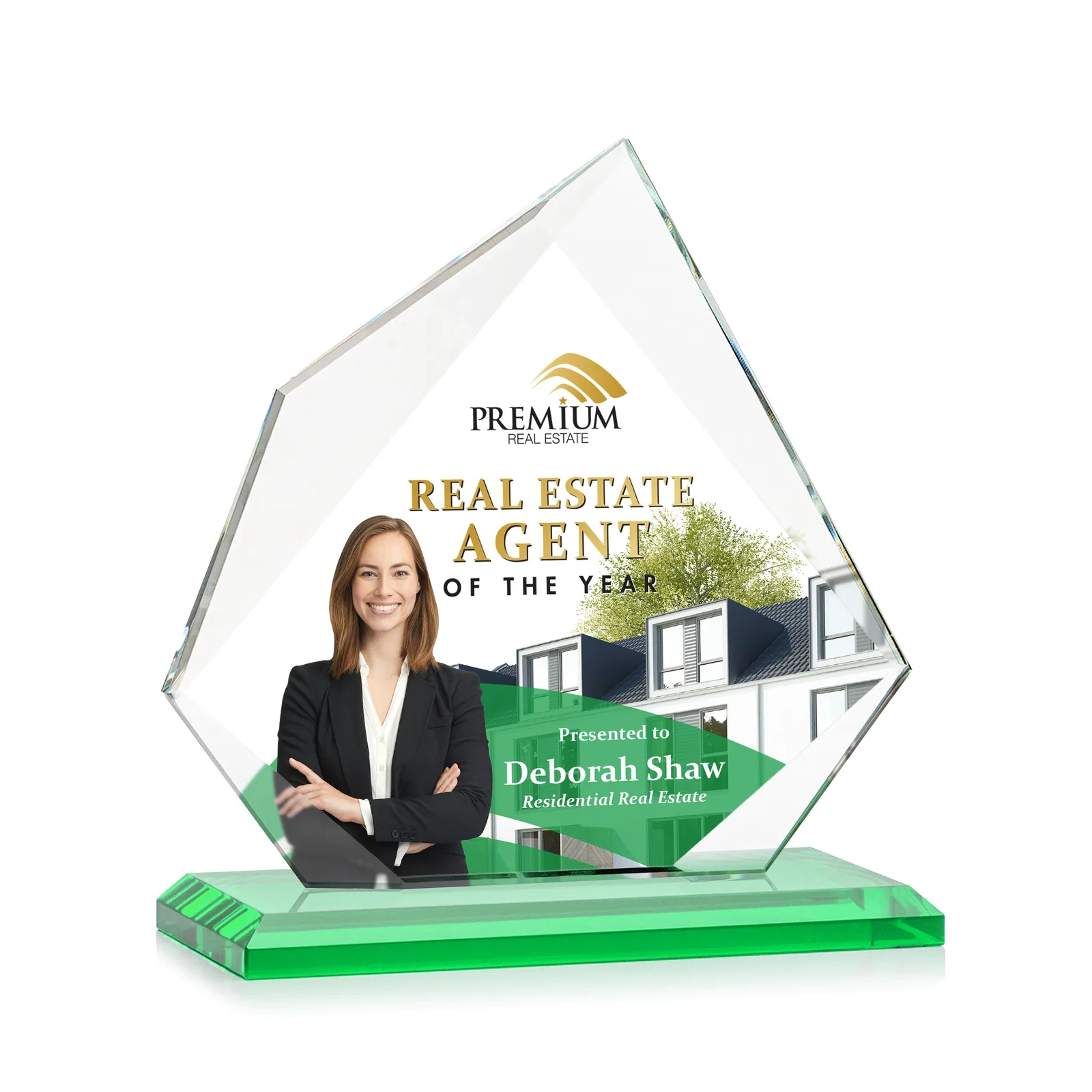 Customized Jade Glass Award on a Mitered Base With Eleven Color Options for corporate award ceremonies