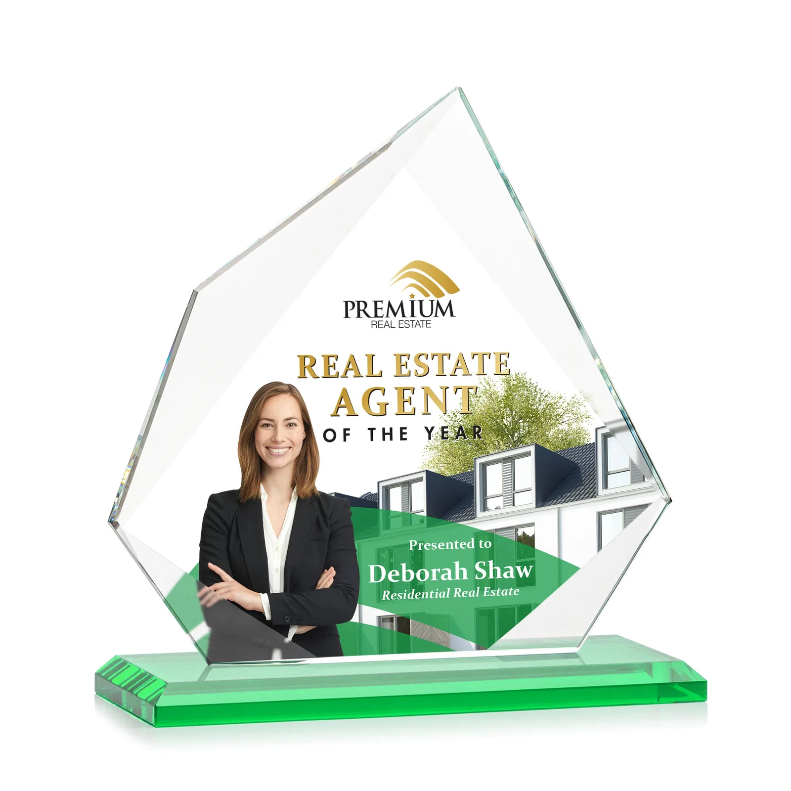 Customized Jade Glass Award on a Mitered Base With Eleven Color Options for service anniversary gifts
