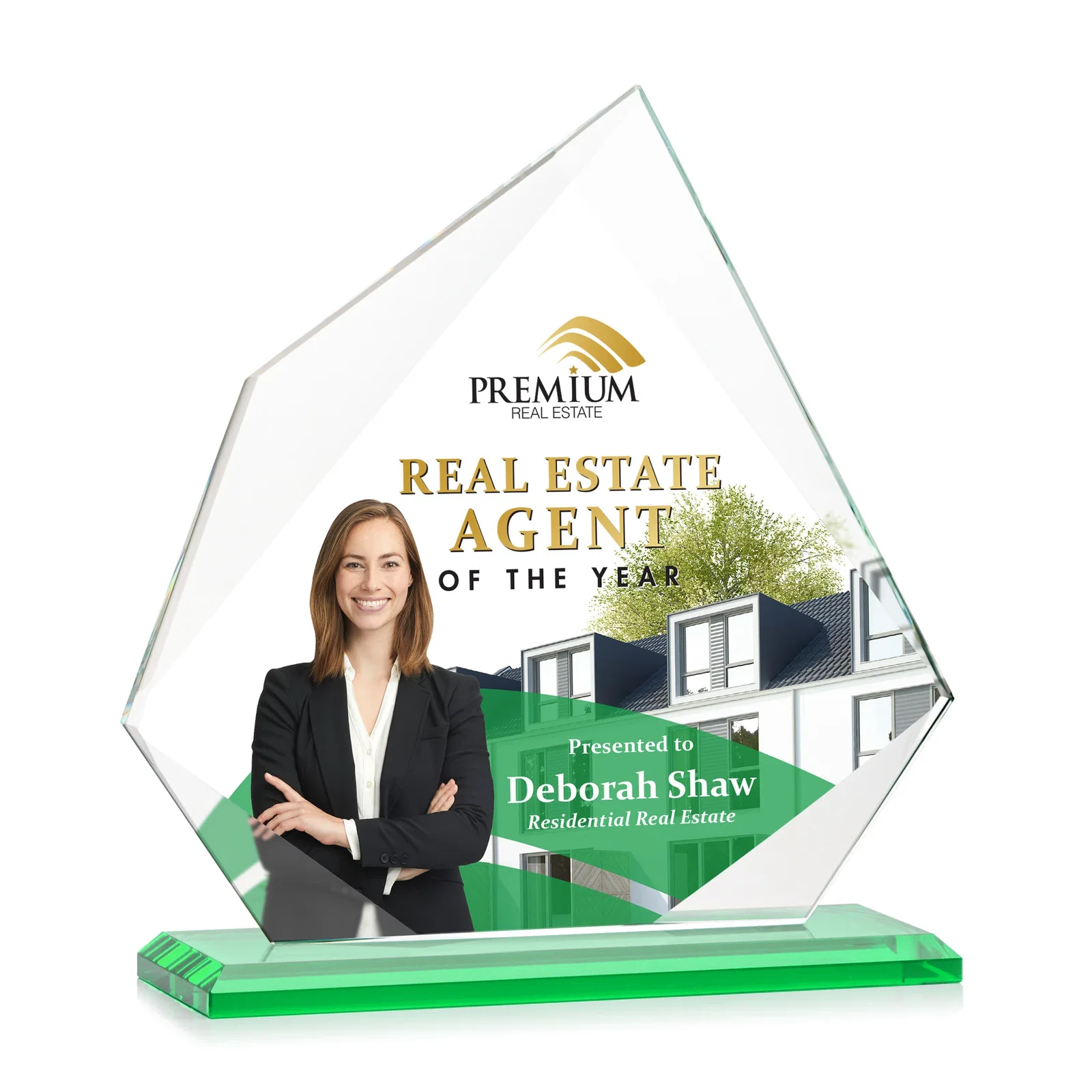 Customized Jade Glass Award on a Mitered Base With Eleven Color Options for retirement presentations