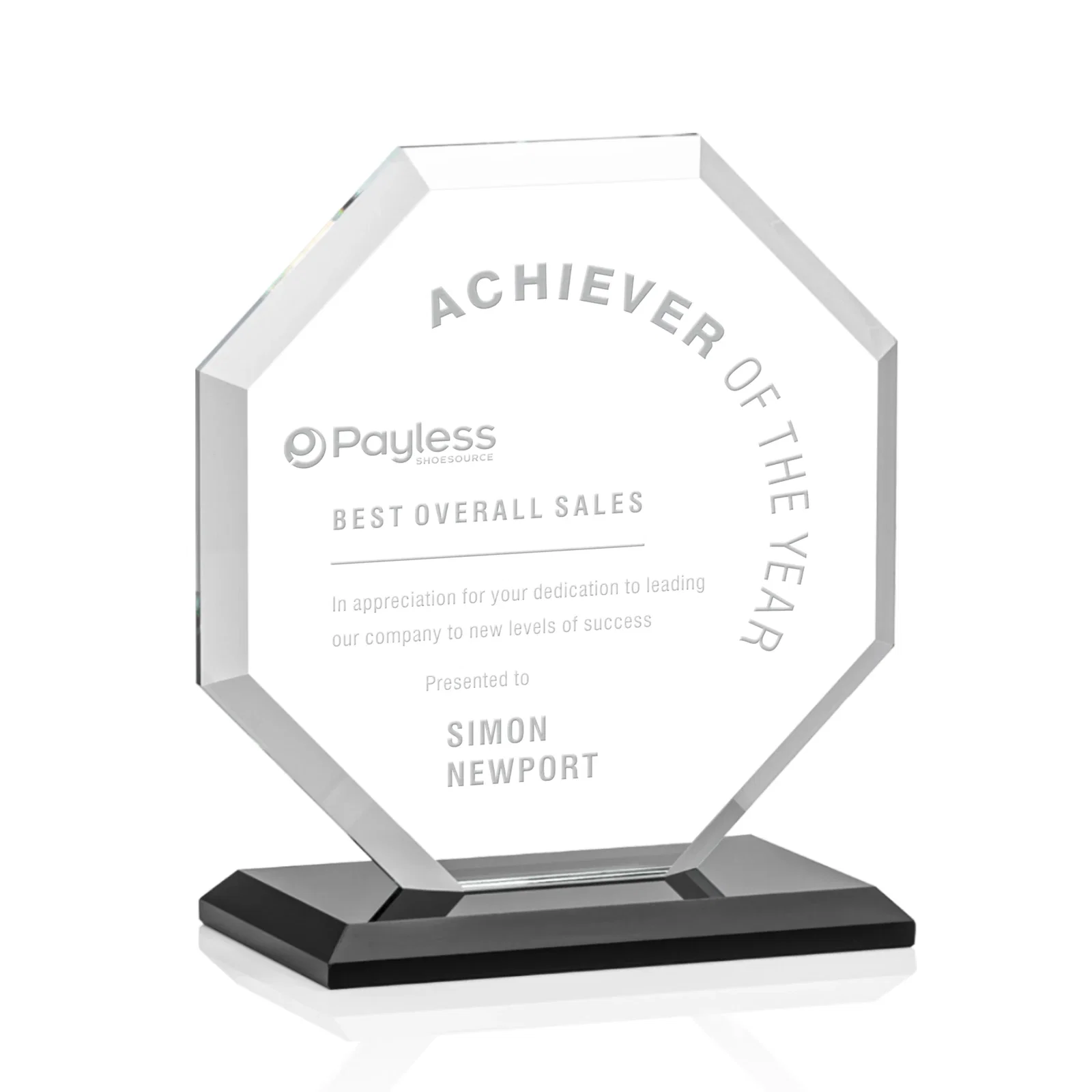 Custom Starfire Crystal Octagon Award with Deep Mitered Edges for volunteer appreciation