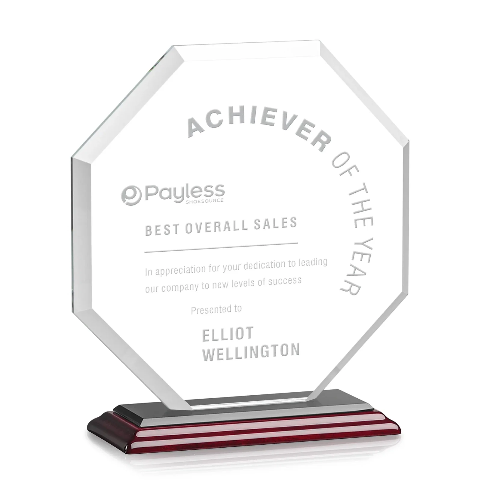 Personalized Starfire Crystal Octagon Award with Deep Mitered Edges, with your logo for retirement presentations