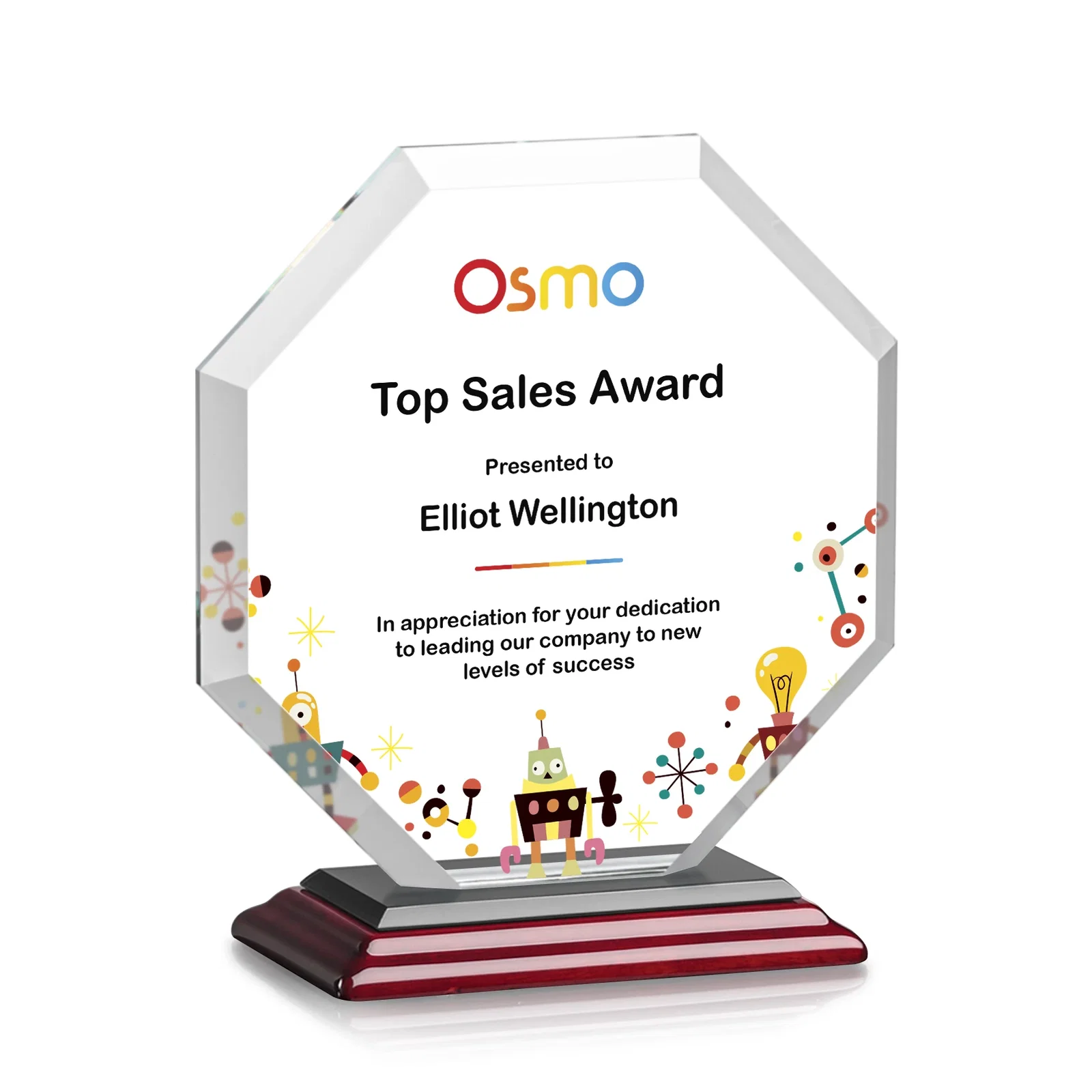 Personalized Starfire Crystal Octagon Award with Deep Mitered Edges, with your logo for graduation ceremonies