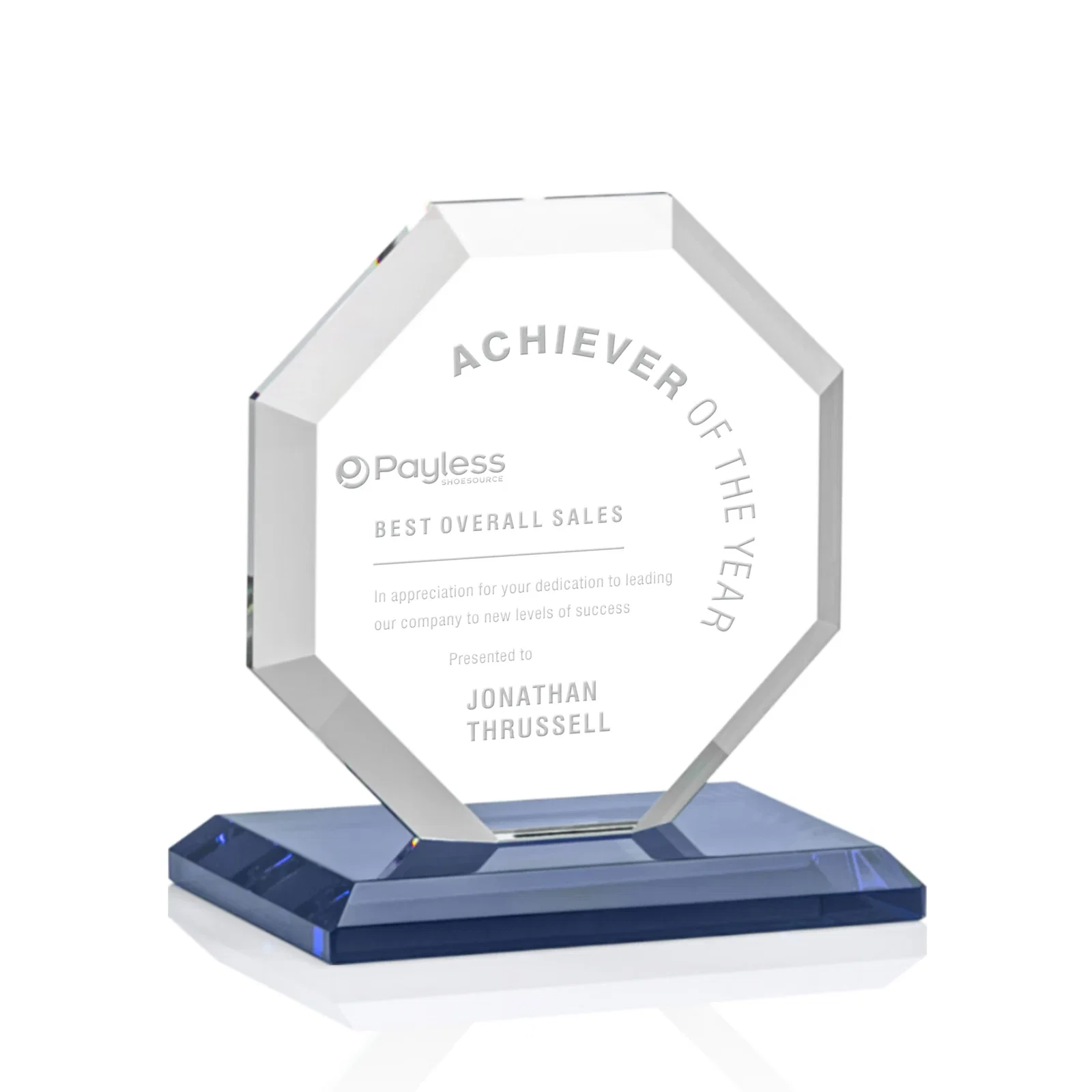 Personalized Starfire Crystal Octagon Award with Deep Mitered Edges for corporate award ceremonies