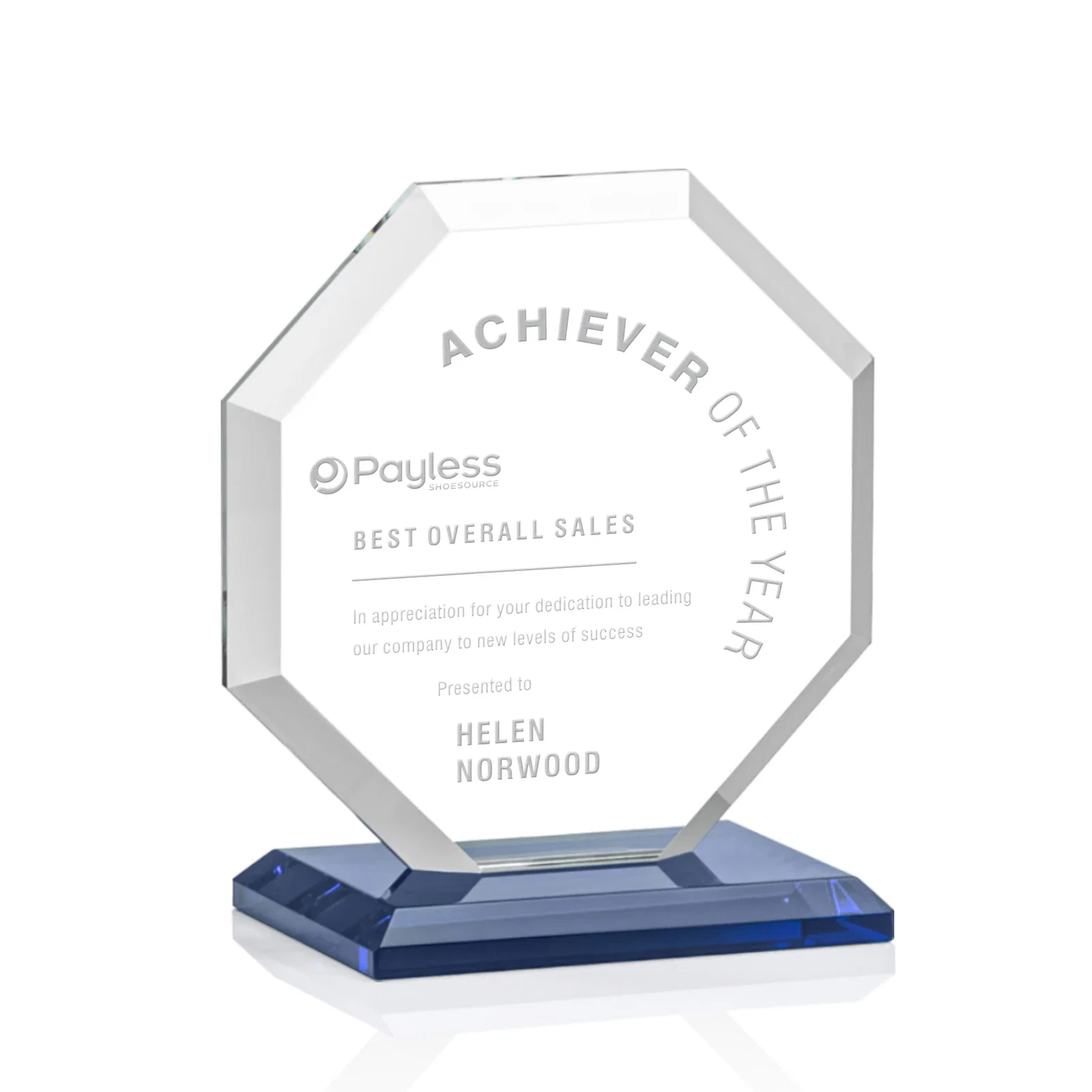 Personalized Starfire Crystal Octagon Award with Deep Mitered Edges for service anniversary gifts
