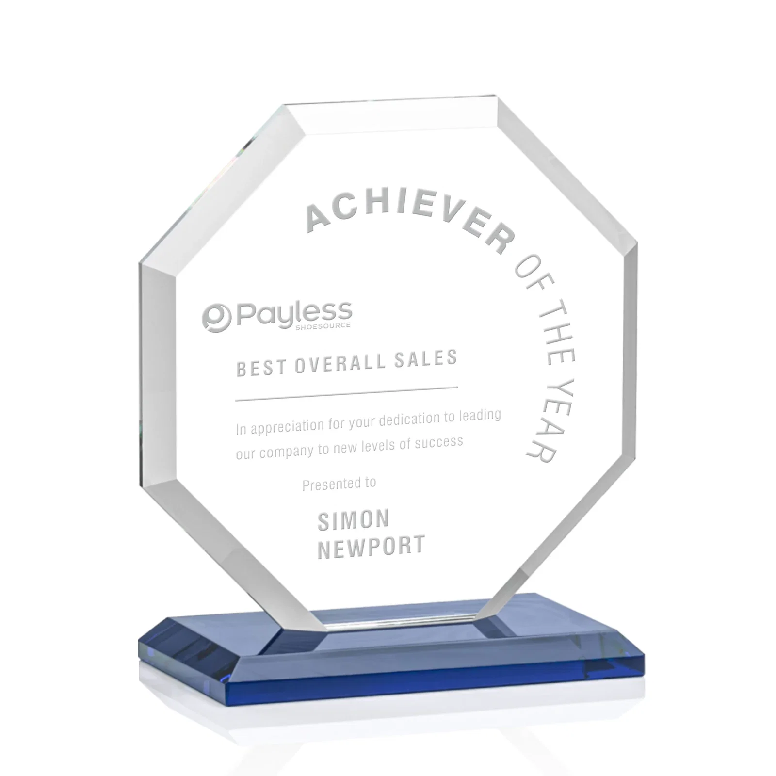 Personalized Starfire Crystal Octagon Award with Deep Mitered Edges for sales achievement awards