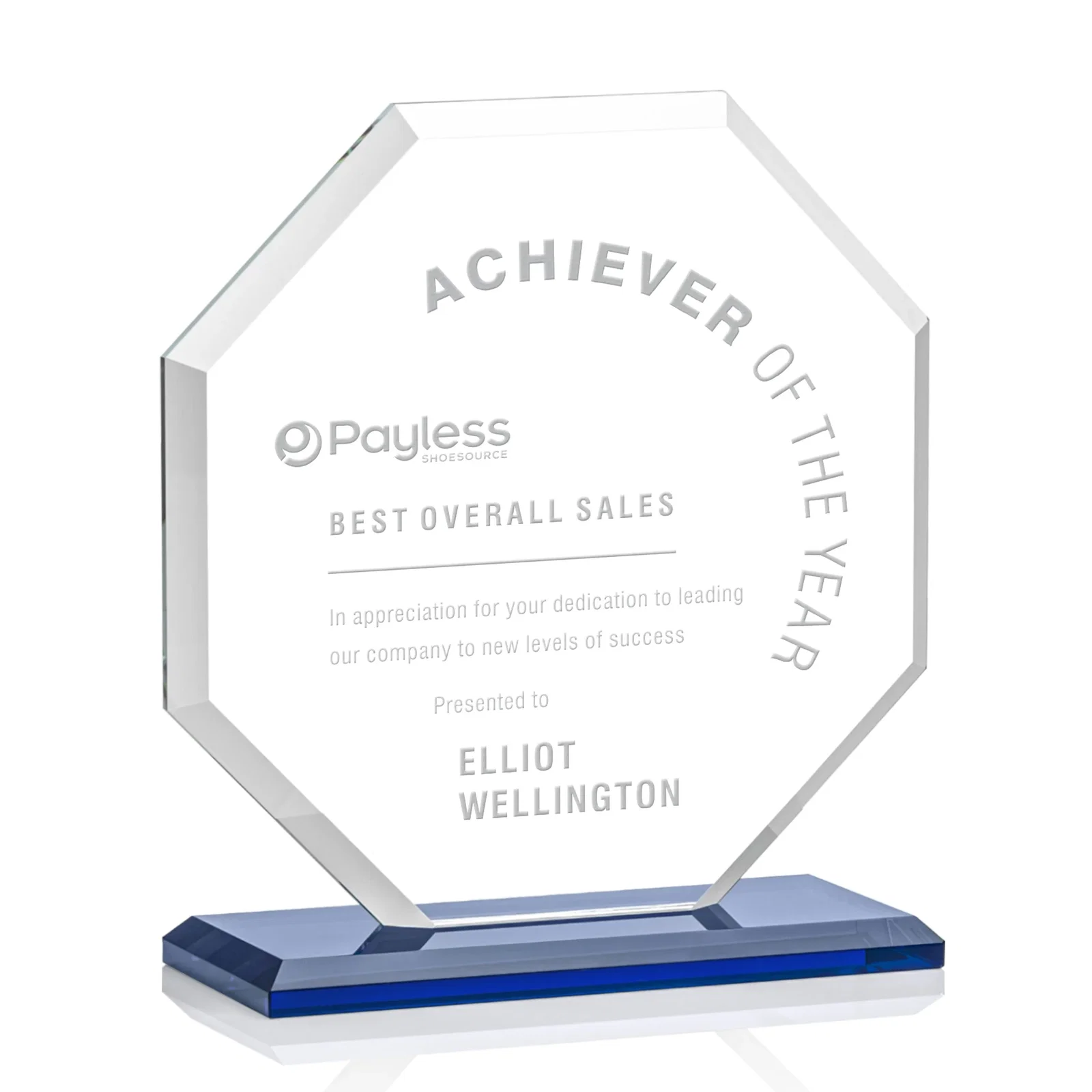 Personalized Starfire Crystal Octagon Award with Deep Mitered Edges for team milestone celebrations
