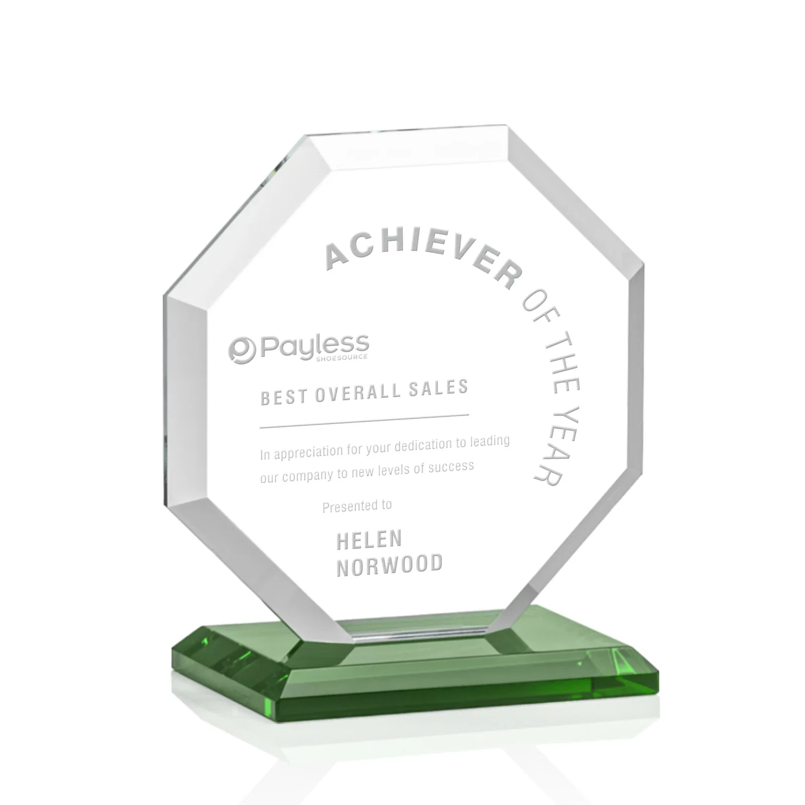Personalized Starfire Crystal Octagon Award with Deep Mitered Edges for safety achievement programs