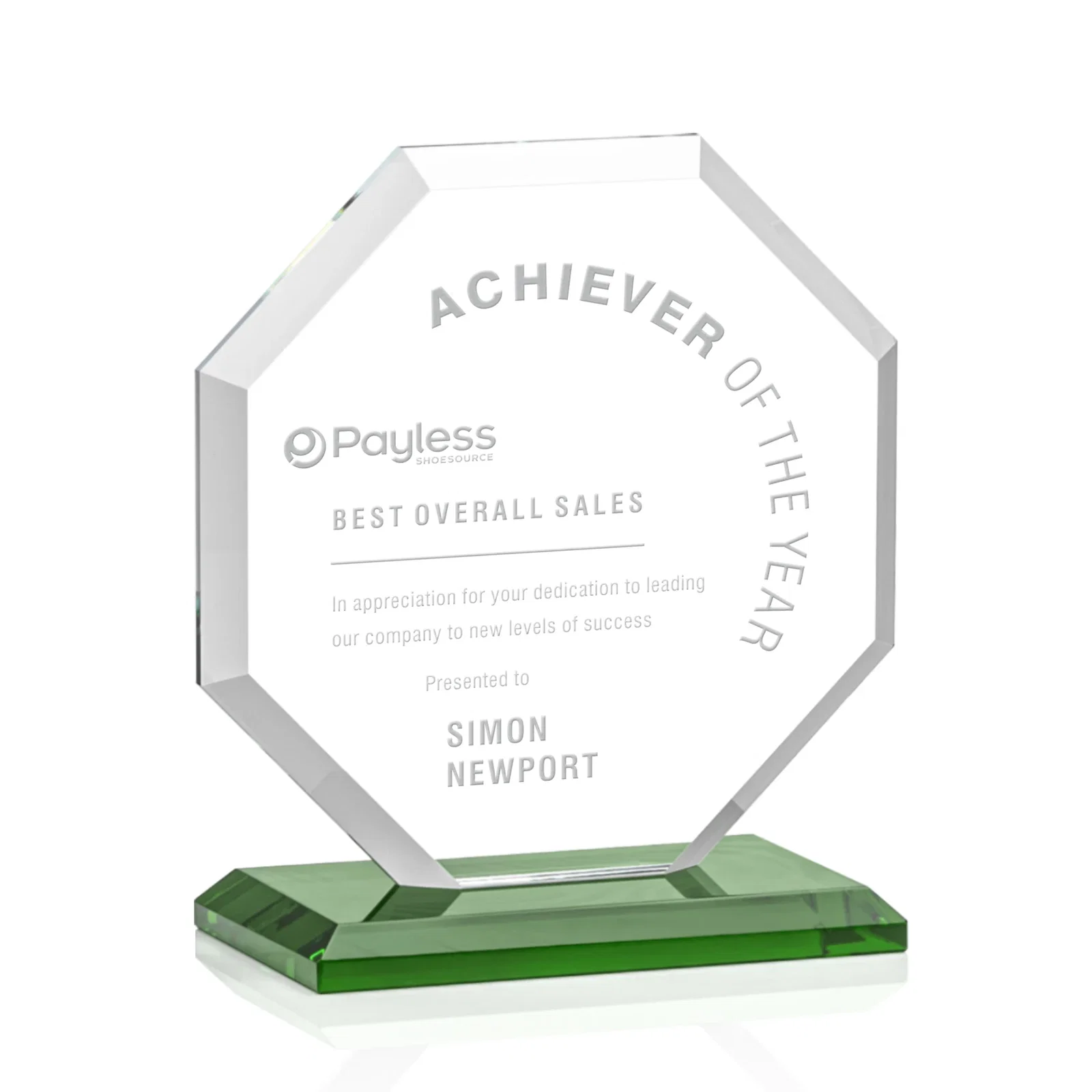 Personalized Starfire Crystal Octagon Award with Deep Mitered Edges for volunteer appreciation
