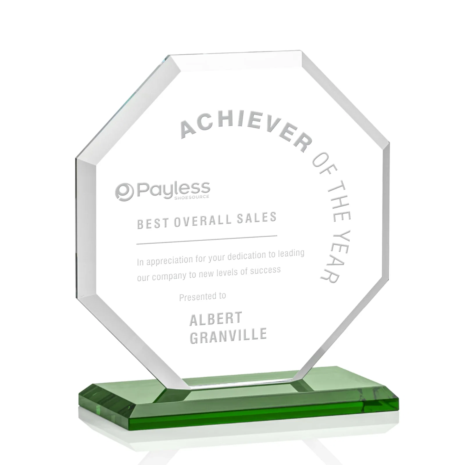 Personalized Starfire Crystal Octagon Award with Deep Mitered Edges for dealer and partner awards