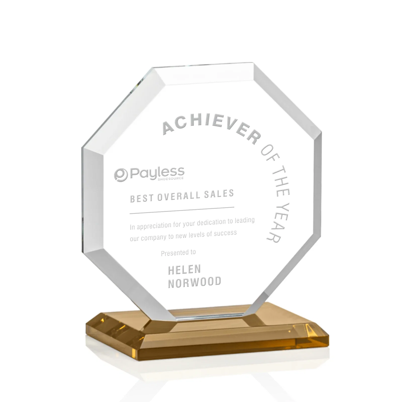 Custom Starfire Crystal Octagon Award with Deep Mitered Edges for service anniversary gifts