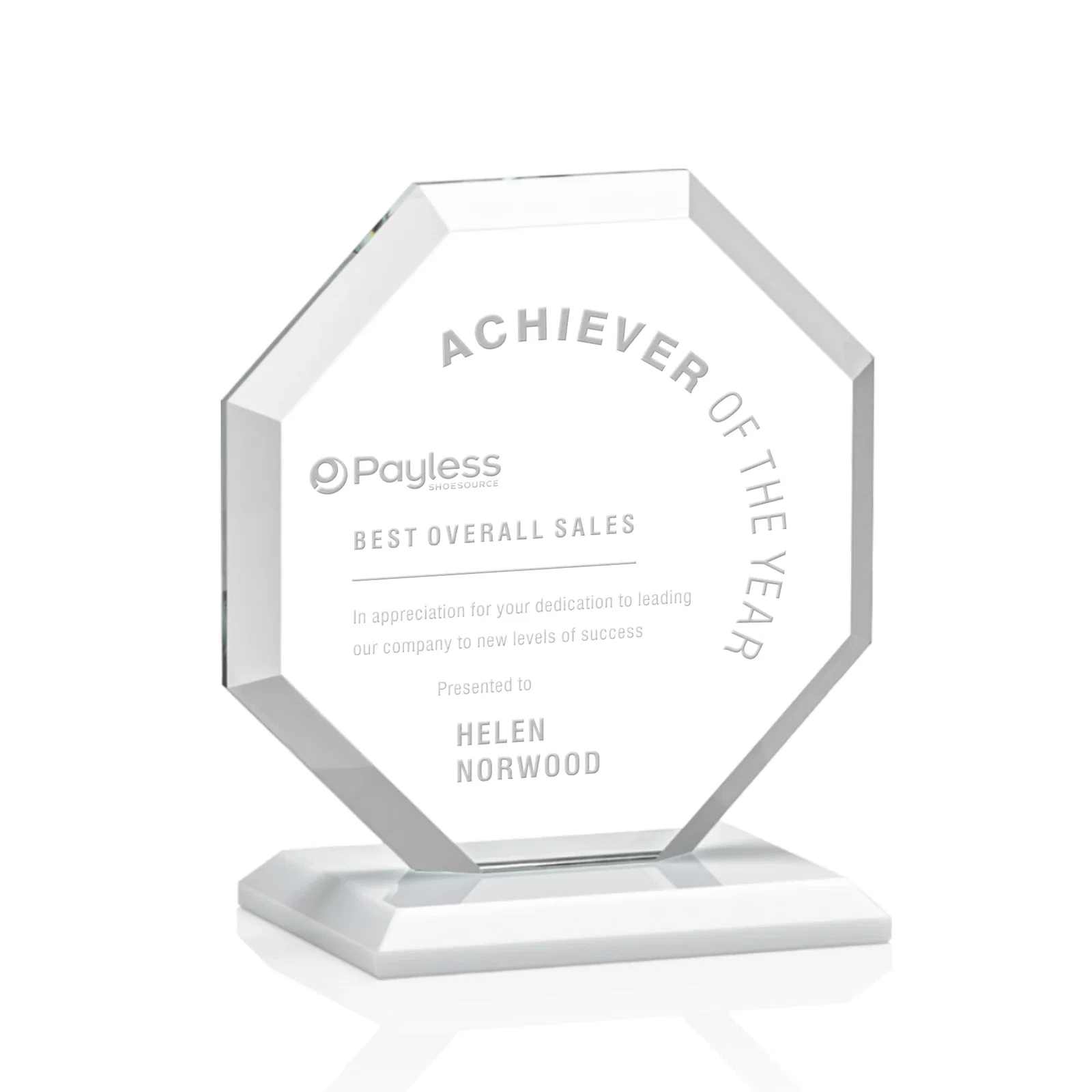 Branded Starfire Crystal Octagon Award with Deep Mitered Edges for service anniversary gifts