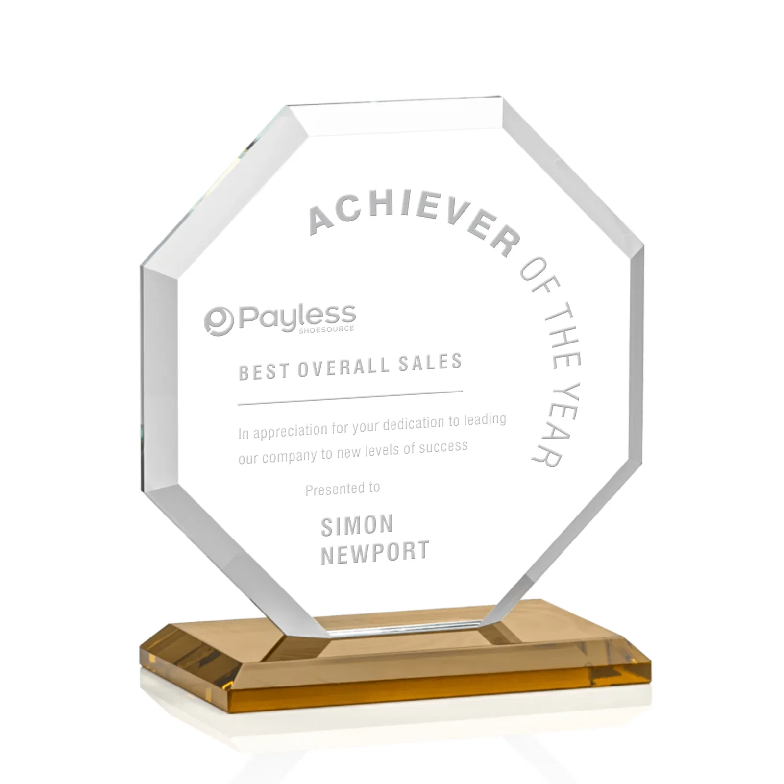 Custom Starfire Crystal Octagon Award with Deep Mitered Edges for sales achievement awards