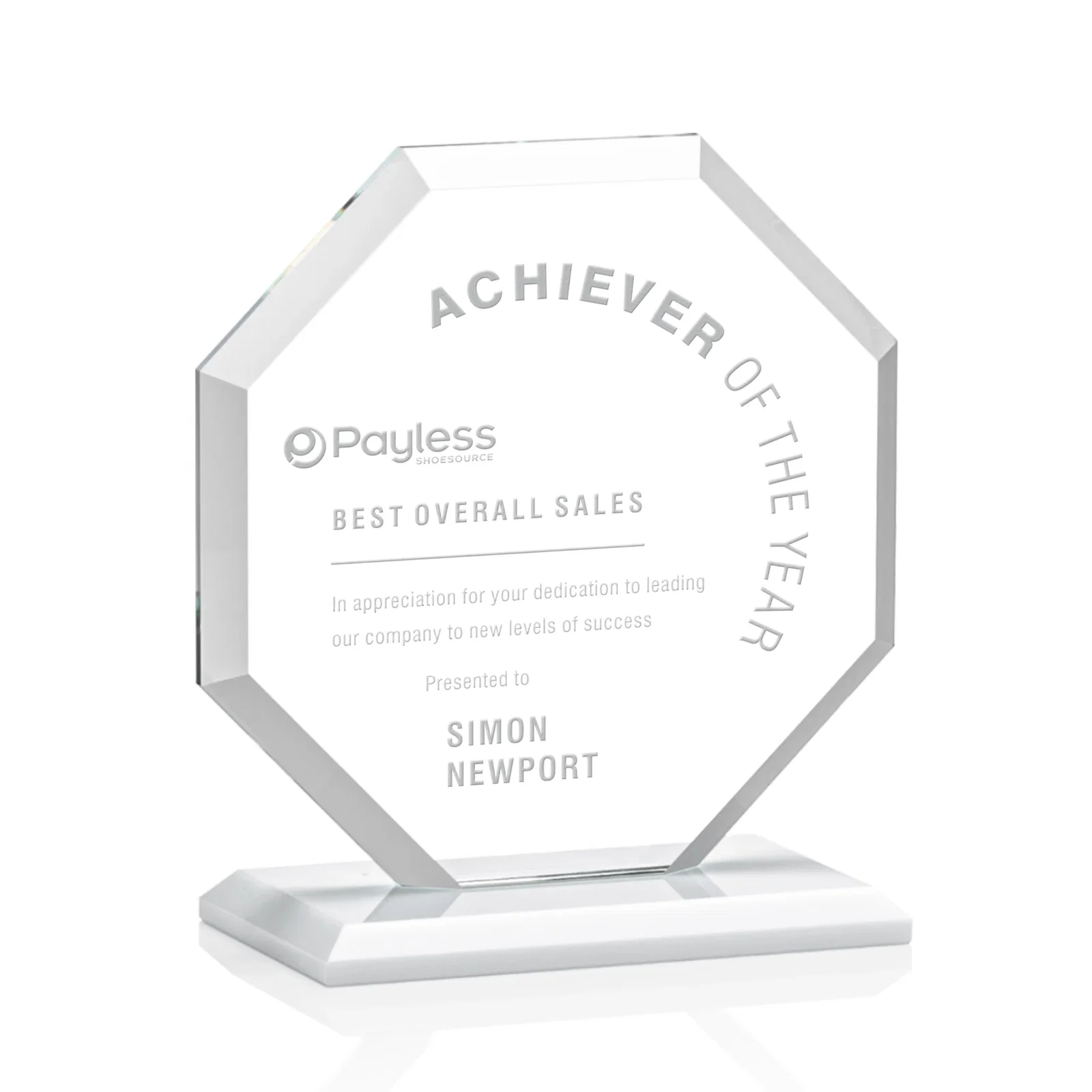Branded Starfire Crystal Octagon Award with Deep Mitered Edges for sales achievement awards
